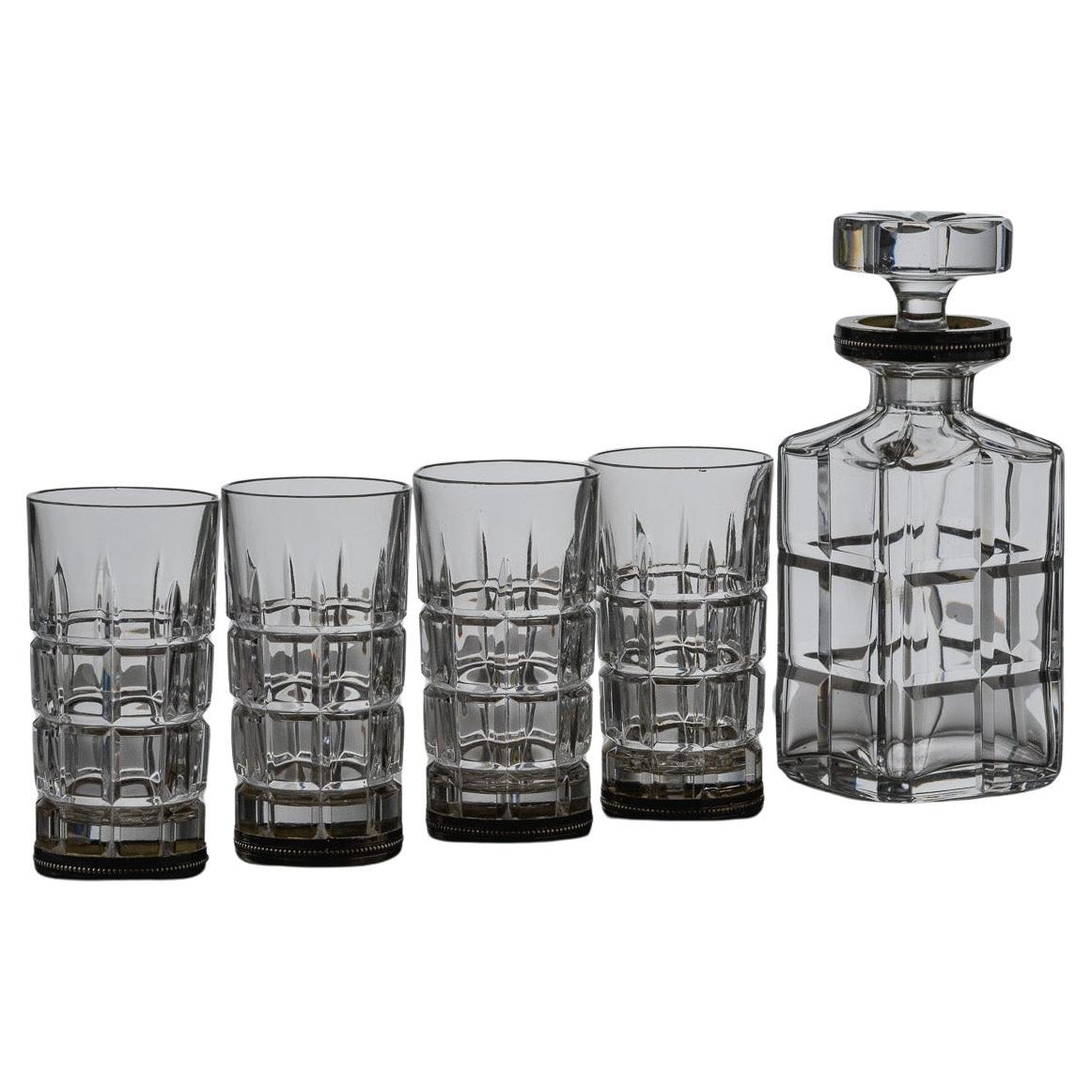 Whisky Decanter and Set of 4 Crystal Glasses, 1960s For Sale