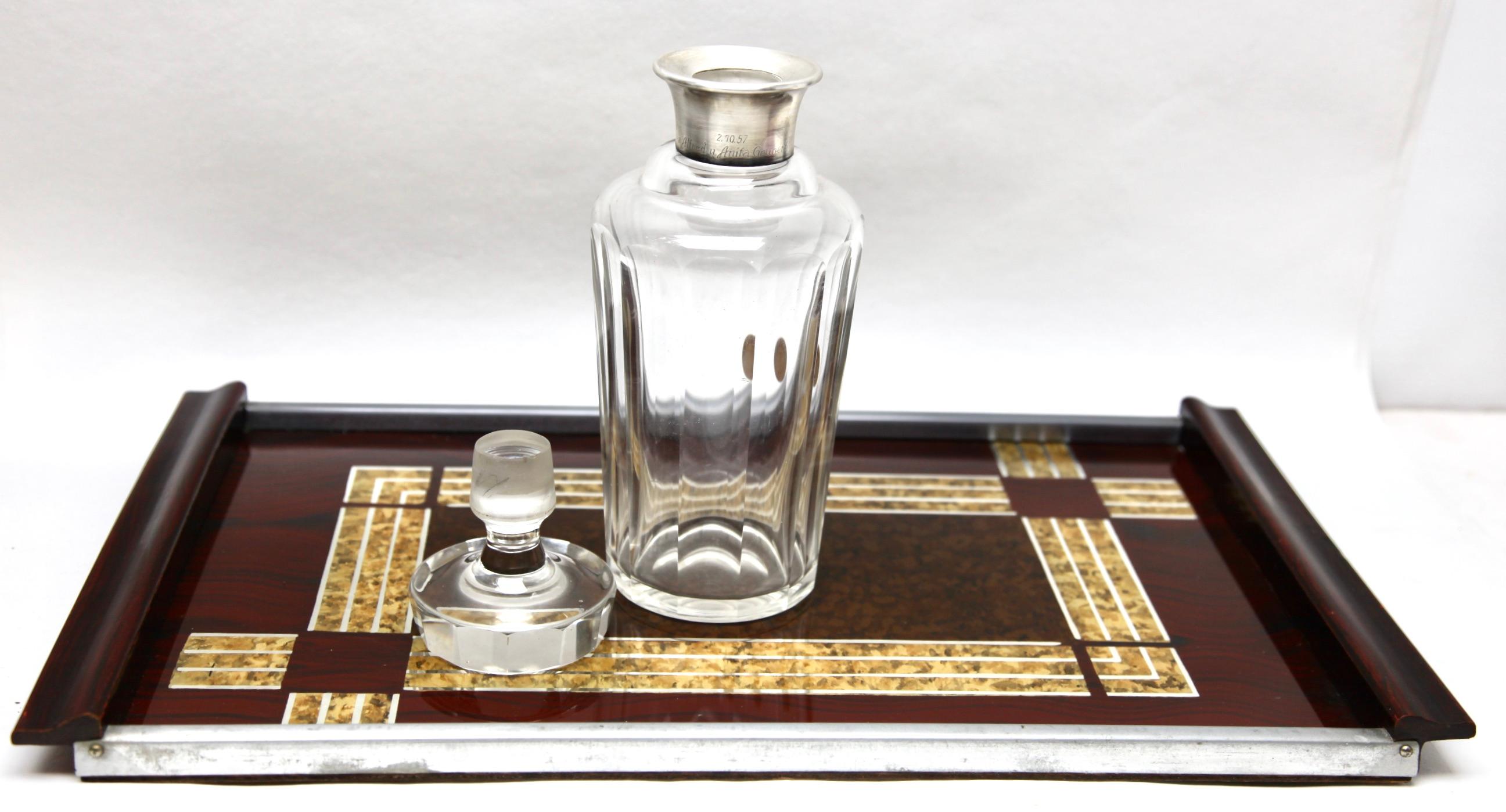 Juego de Whisky de Val Saint Lambert Decantador + 6 copas Bélgica, con bandeja para servir mediados del siglo XX en venta