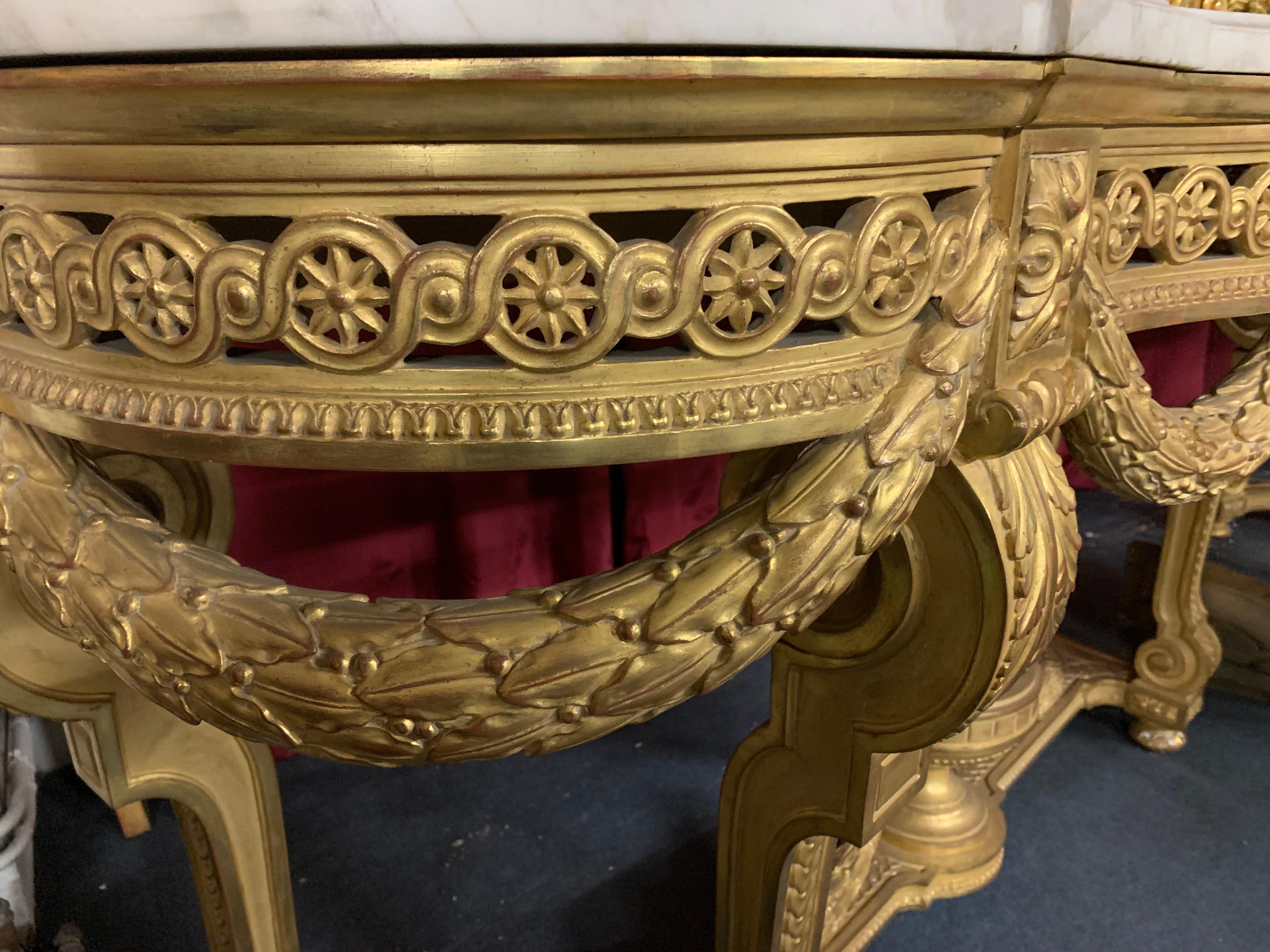 20th Century Whismical Pair of Console Giltwood Louis XVI Style, Marble Top For Sale