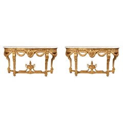 Used Whismical Pair of Console Giltwood Louis XVI Style, Marble Top