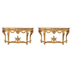 Whismical Pair of Console Giltwood Louis XVI Style, Marble Top