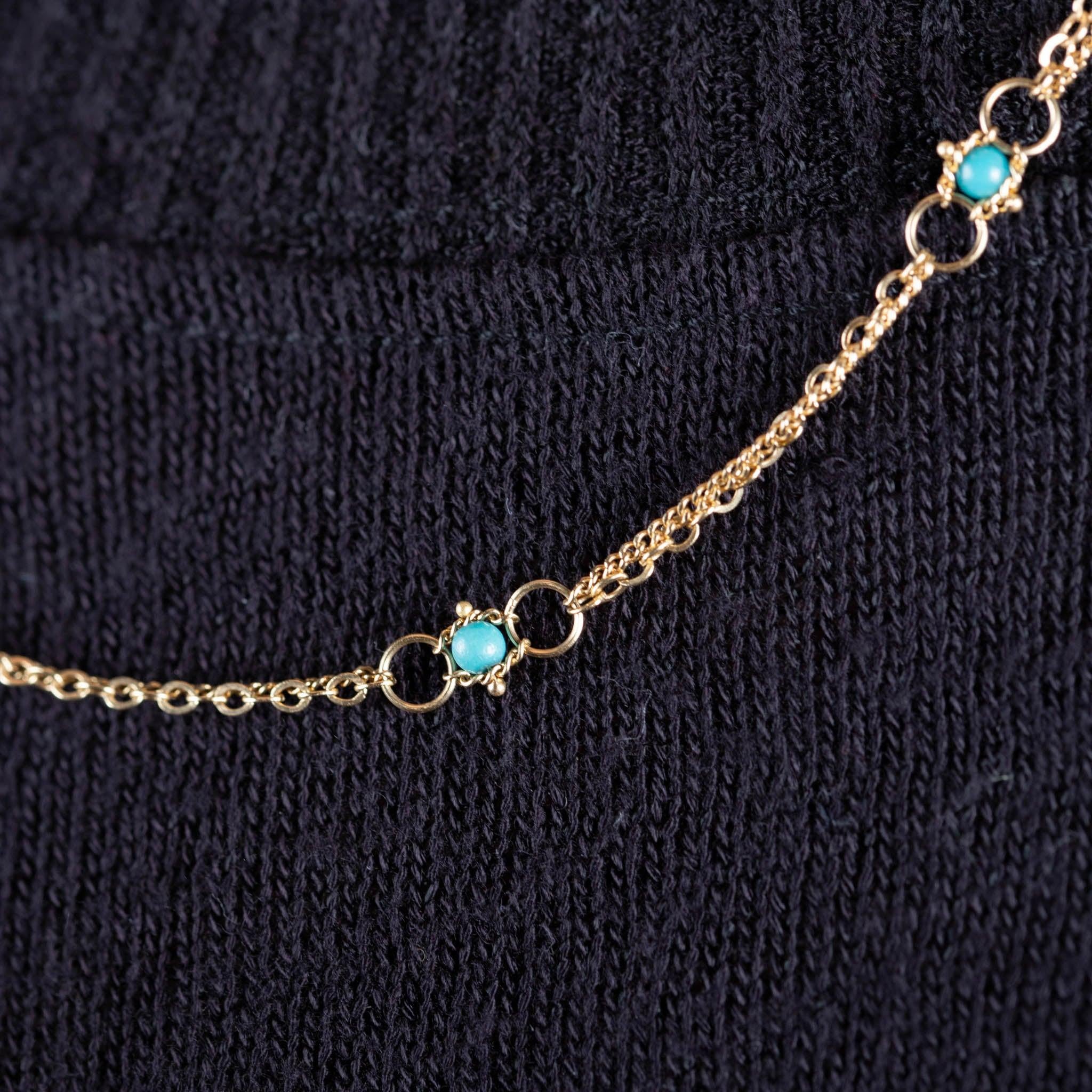Delightful blue Turquoise stones, suspended between two tiny gold hoops, are hand woven with 18k yellow gold to make up this dazzling necklace. The perfect addition to any jewelry collection, it can be worn alone or paired with your favorite