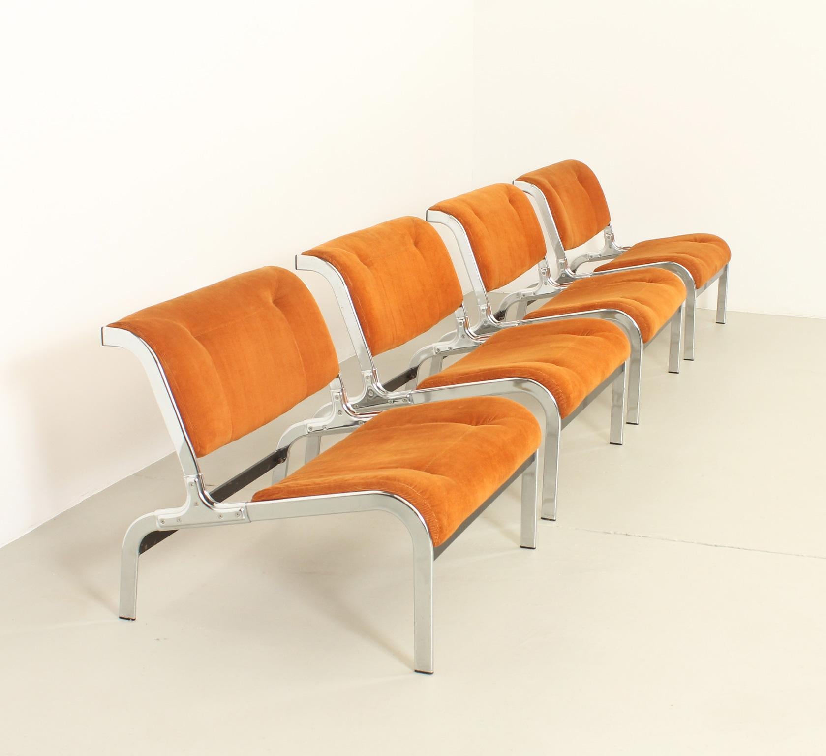 Whist lounge chairs designed in 1964 by Olivier Mourgue for Airborne, France. Chrome-plated and lacquered steel structure and original corduroy upholstery.
