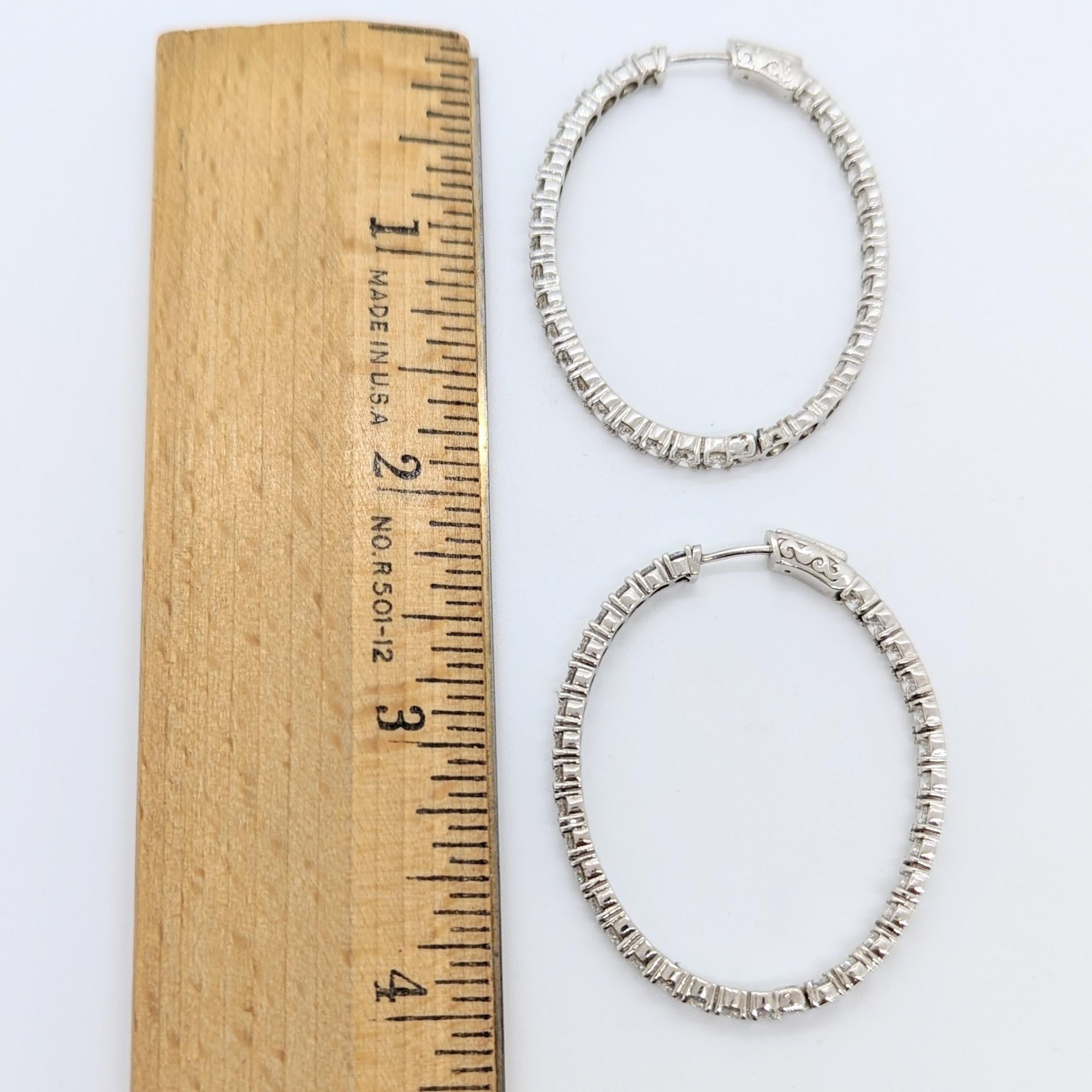 Women's or Men's White Diamond Round Oval Shape Hoop Earrings in 14K White Gold For Sale