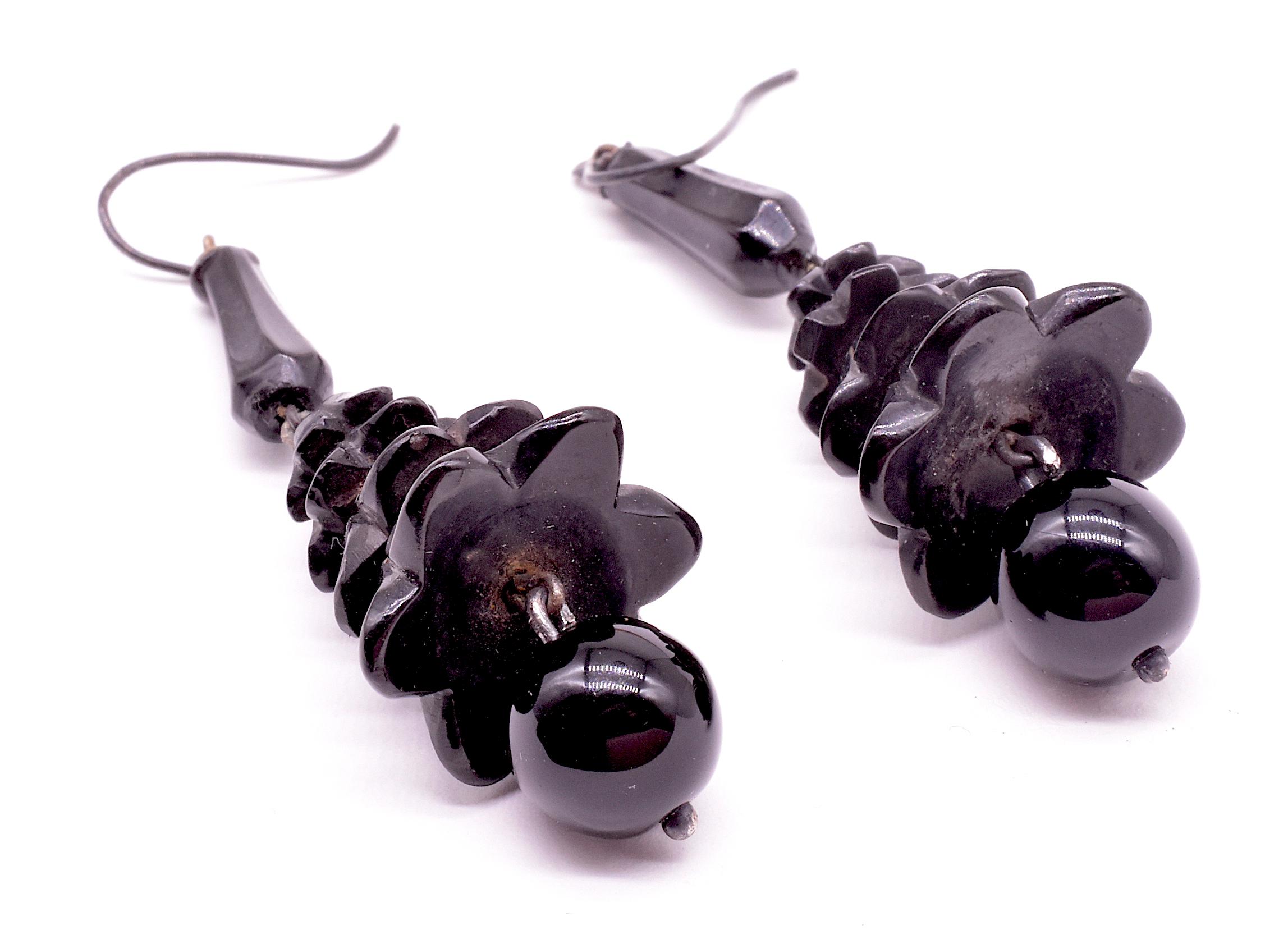 Women's Whitby Jet Carved Earrings with Dangling Jet Balls
