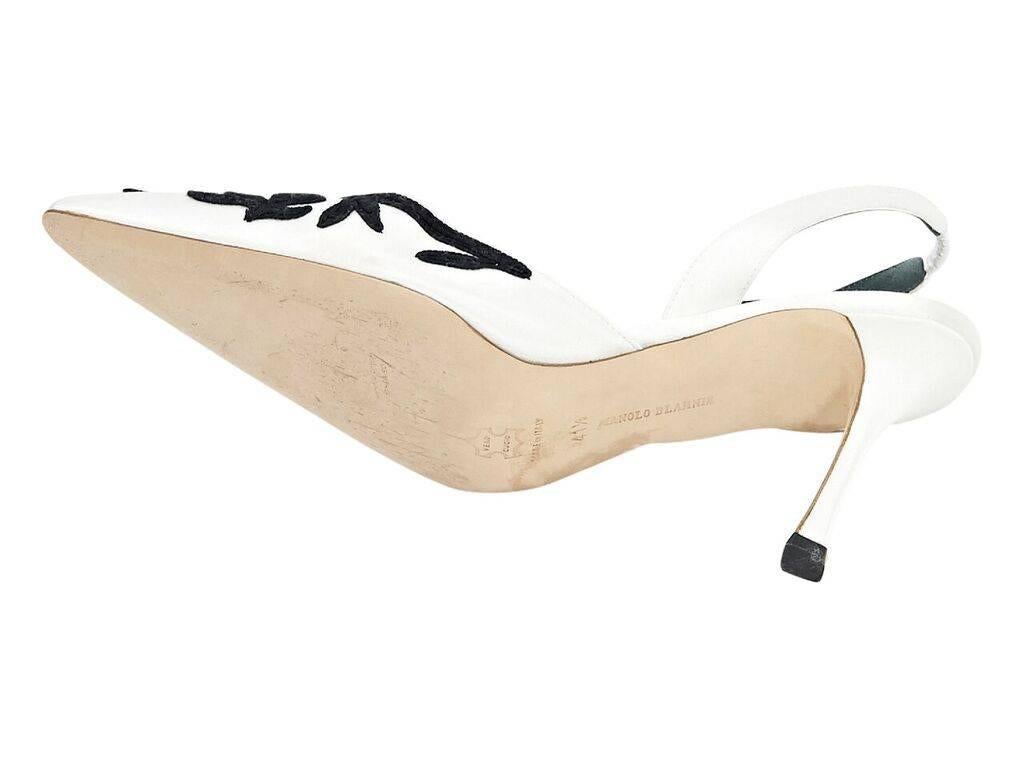 White & Black Manolo Blahnik Embroidered Satin Slingbacks In Good Condition In New York, NY