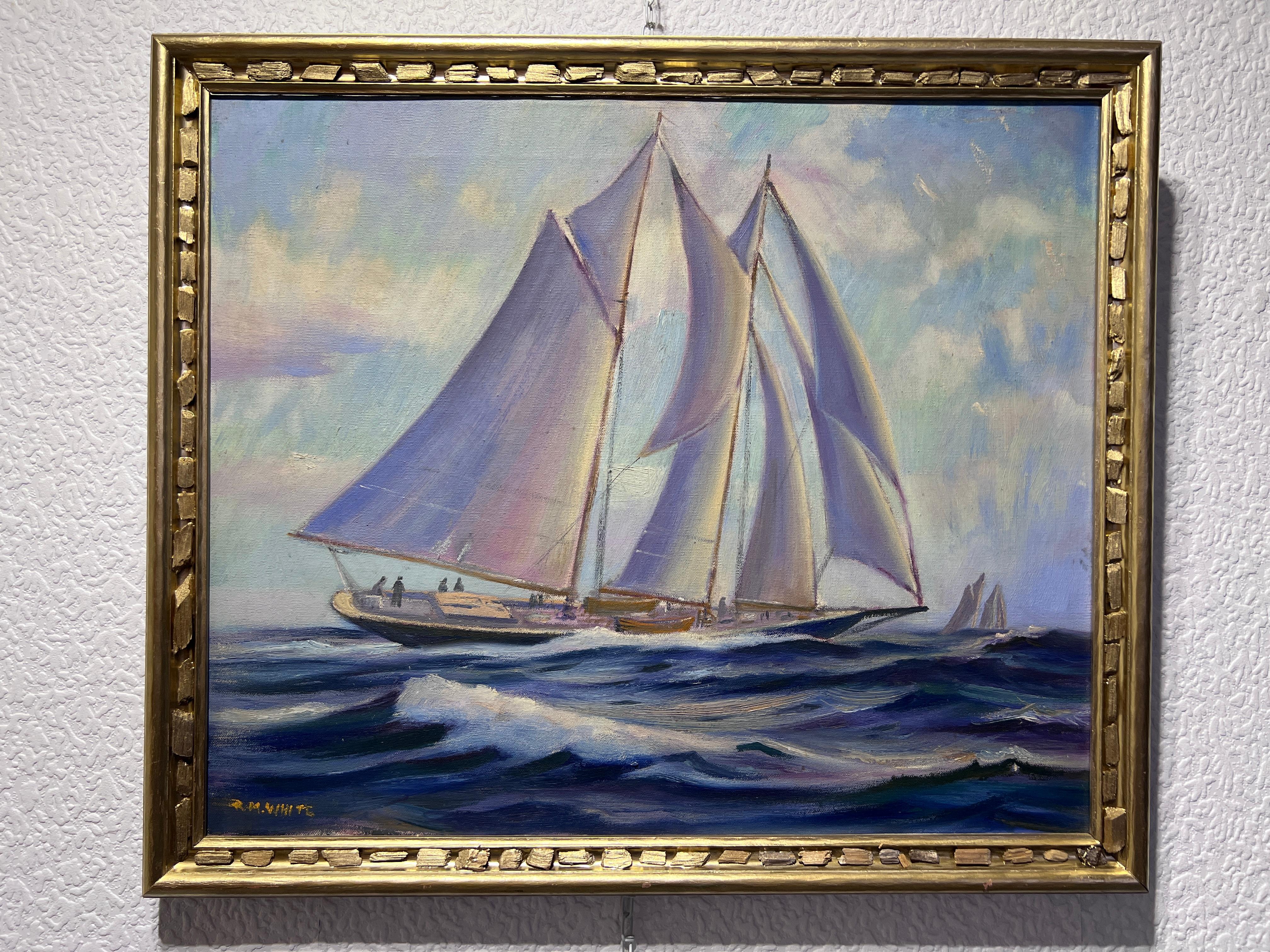 R.M. WHITE Vintage Pittura a olio su tela Paesaggio marino, nave a vela nell'oceano - Painting di White