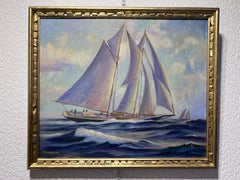 R.M. WHITE Vintage Oil painting on canvas Seascape, Sailing Ship in the ocean
