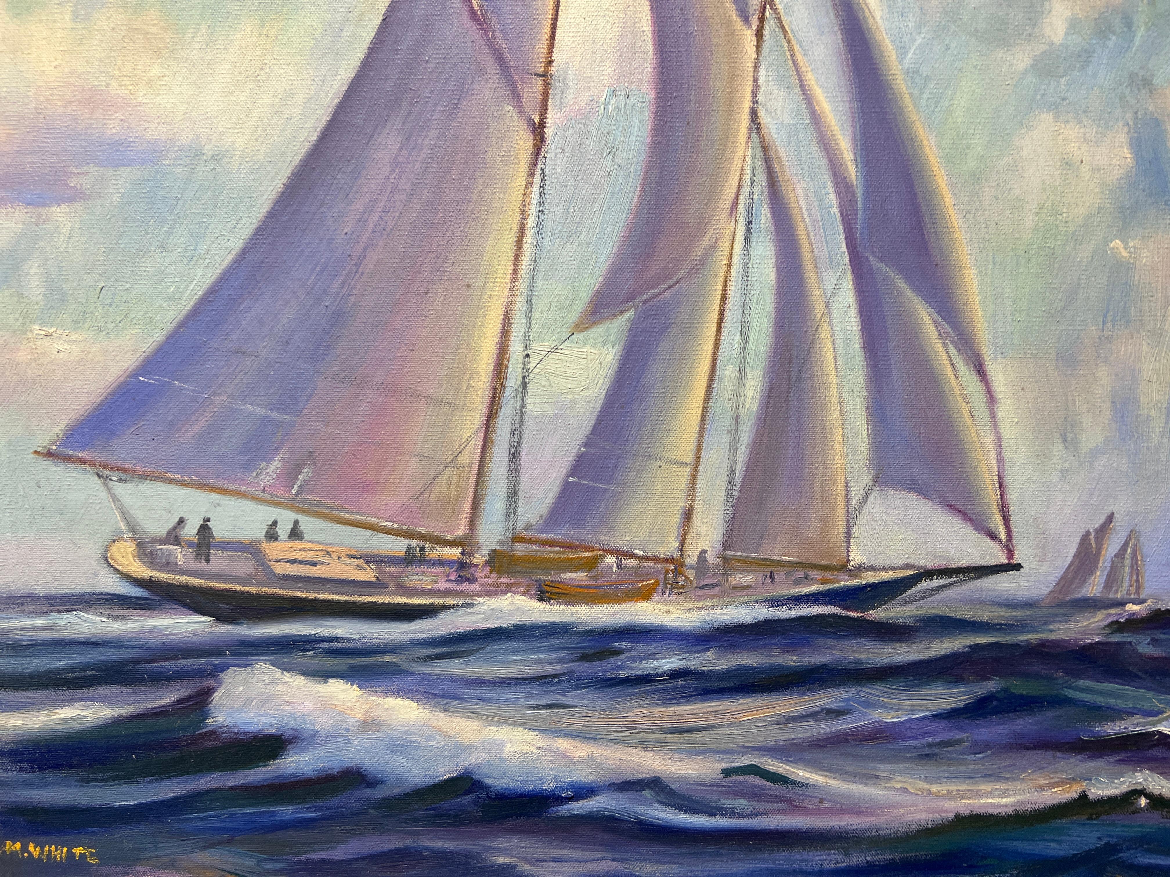 R.M. WHITE Vintage Pittura a olio su tela Paesaggio marino, nave a vela nell'oceano - Painting Impressionismo di White