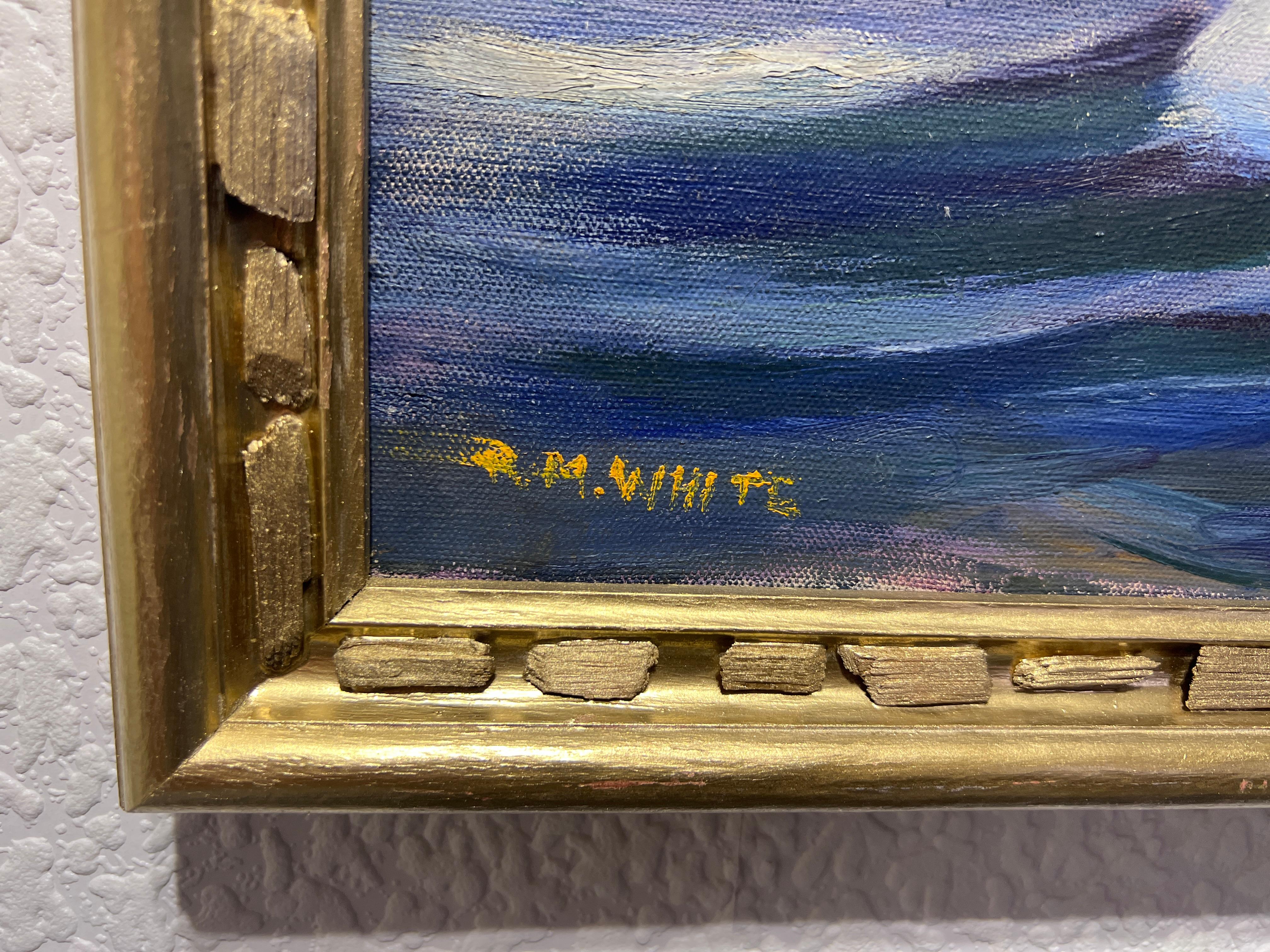R.M. WHITE Vintage Pittura a olio su tela Paesaggio marino, nave a vela nell'oceano - Landscape Painting Grigio di White