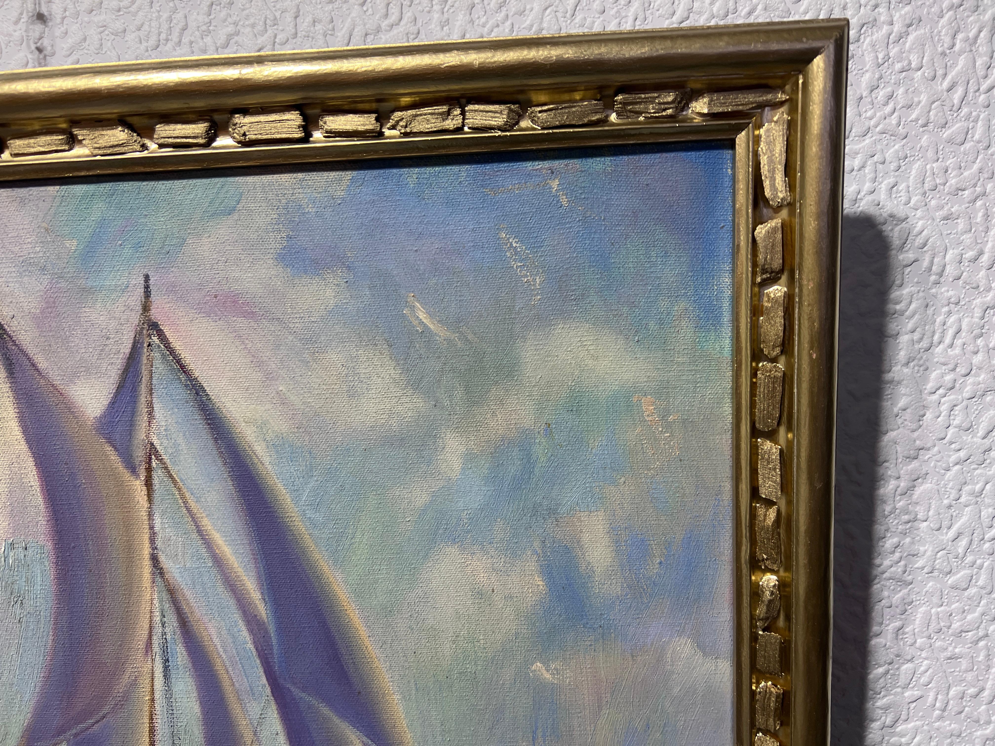 R.M. WHITE Vintage Pittura a olio su tela Paesaggio marino, nave a vela nell'oceano in vendita 1