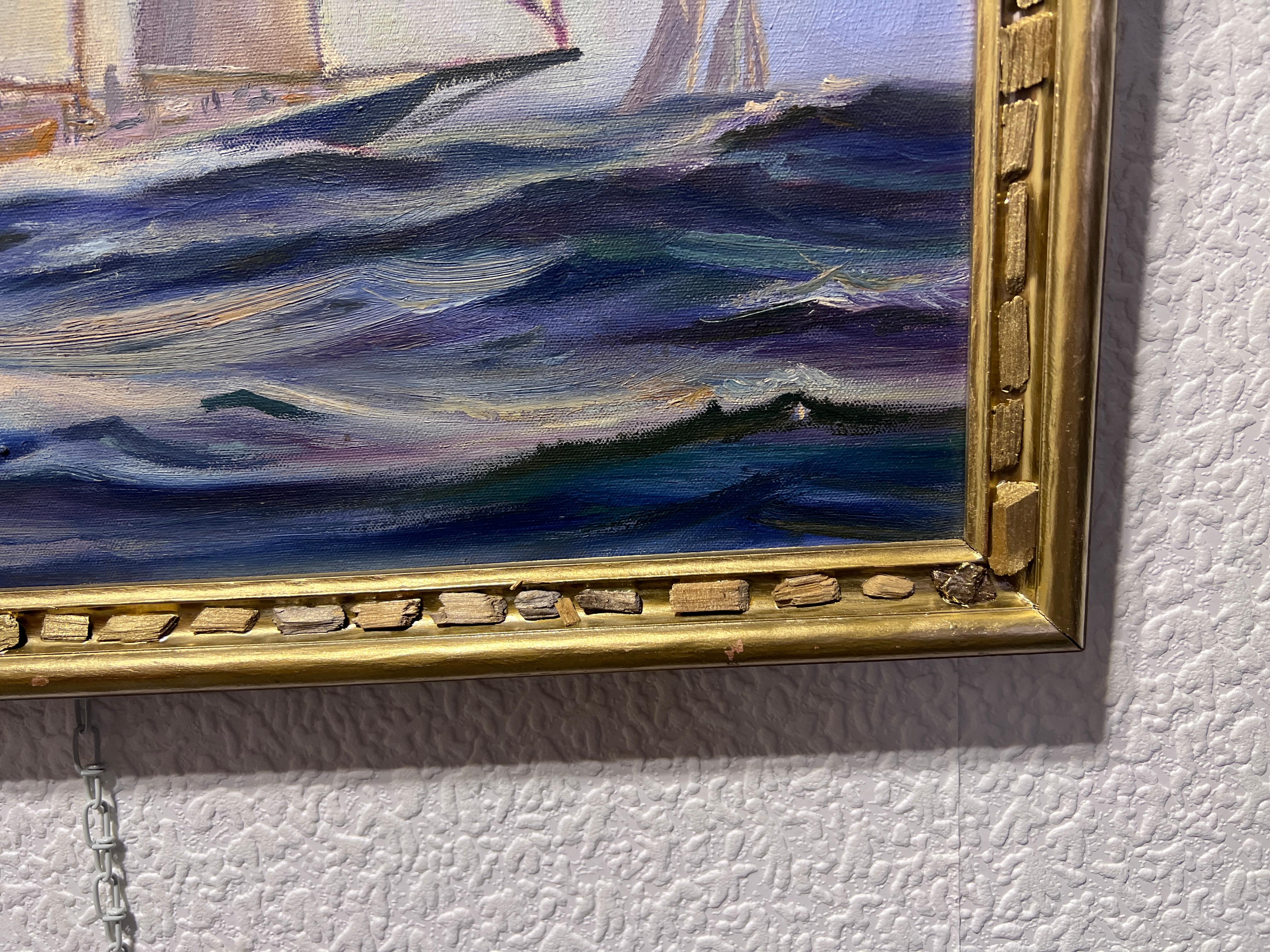 R.M. WHITE Vintage Pittura a olio su tela Paesaggio marino, nave a vela nell'oceano in vendita 2