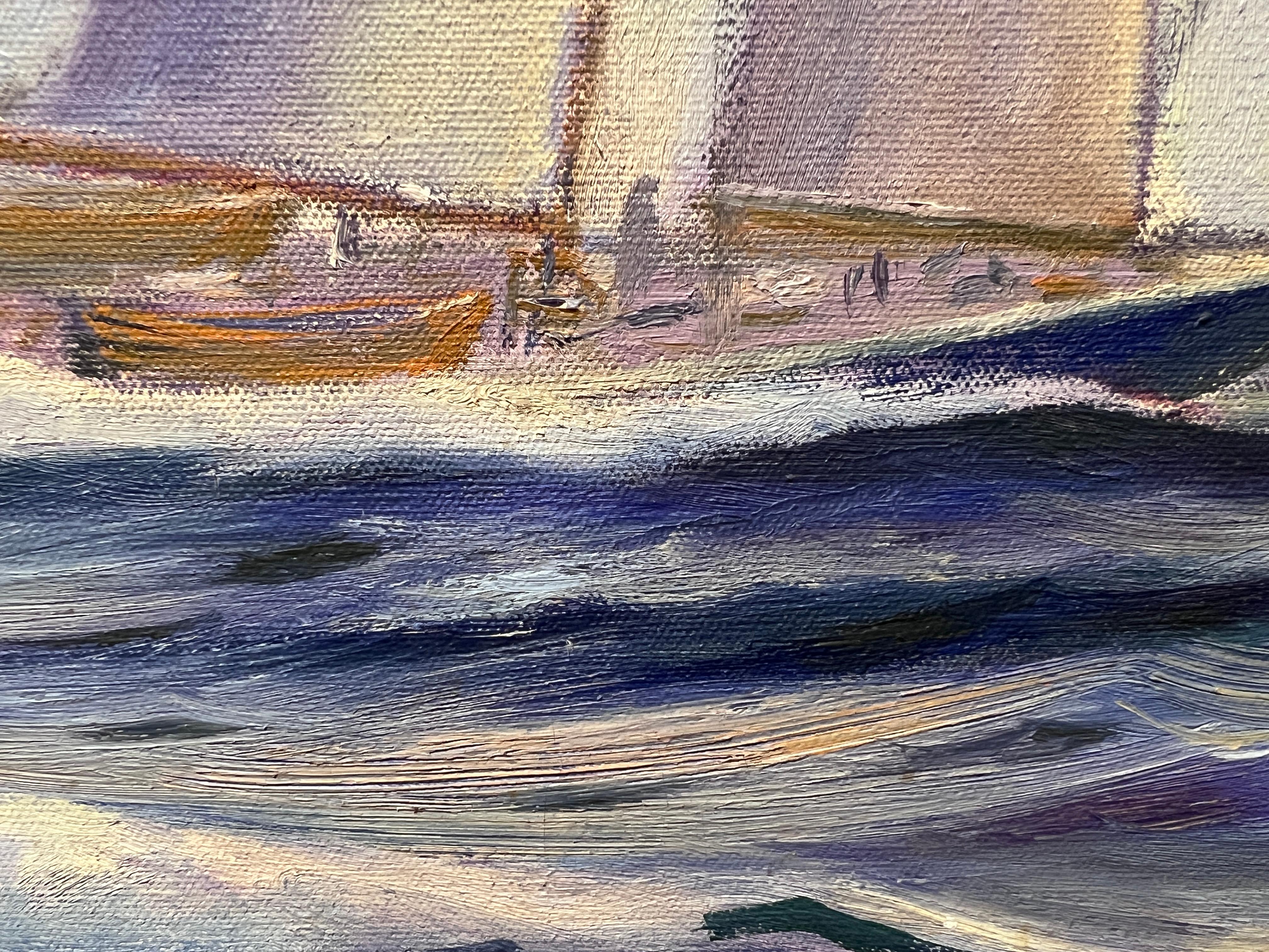 R.M. WHITE Vintage Pittura a olio su tela Paesaggio marino, nave a vela nell'oceano in vendita 3
