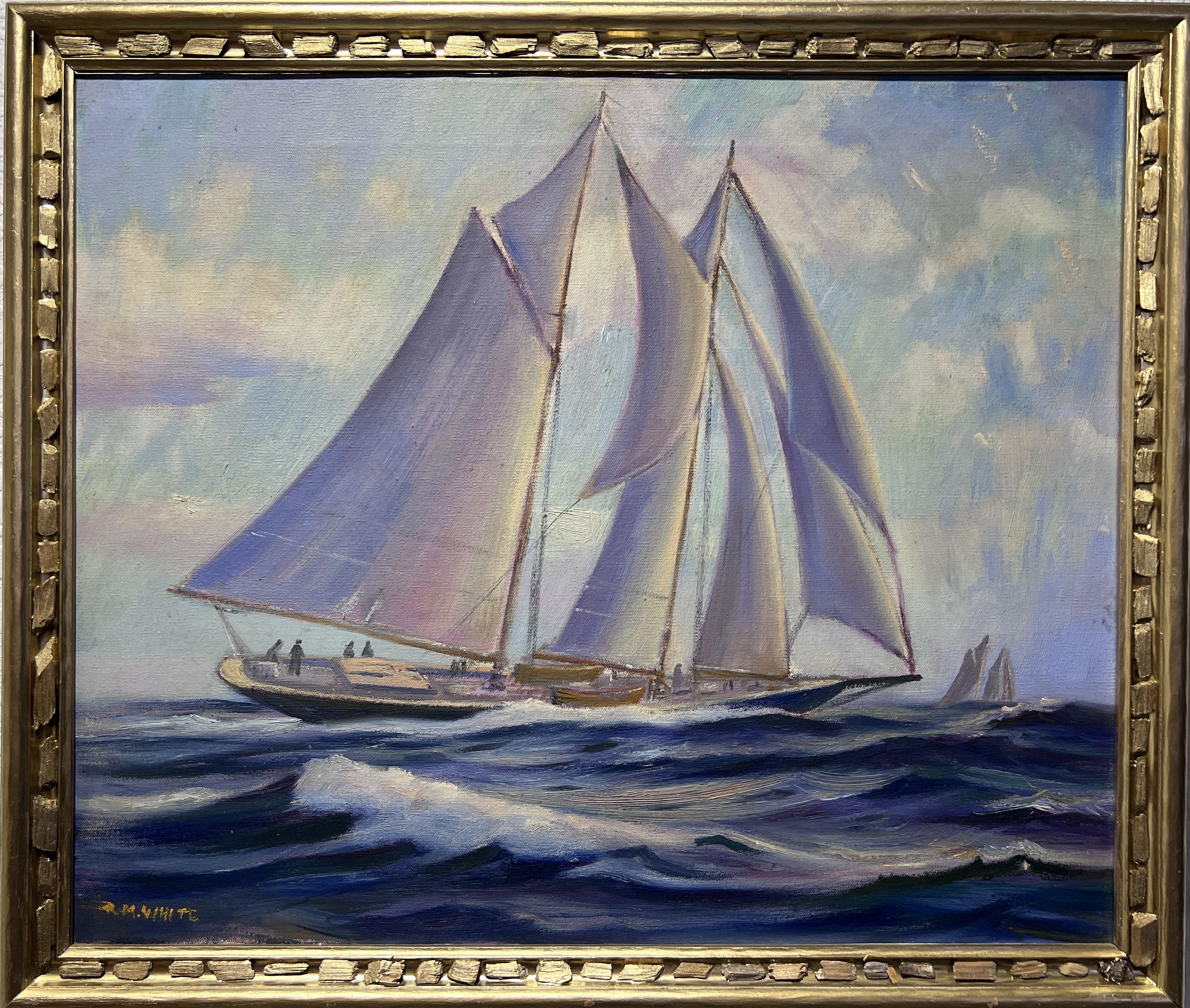 Landscape Painting di White - R.M. WHITE Vintage Pittura a olio su tela Paesaggio marino, nave a vela nell'oceano