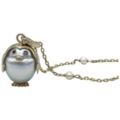 White 18 Karat Gold Australian Pearl Penguin Pendant Charm and Necklace