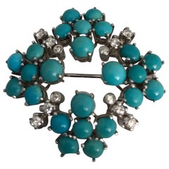 White 18 Karat Gold Brooch with White Diamonds and Turquoise