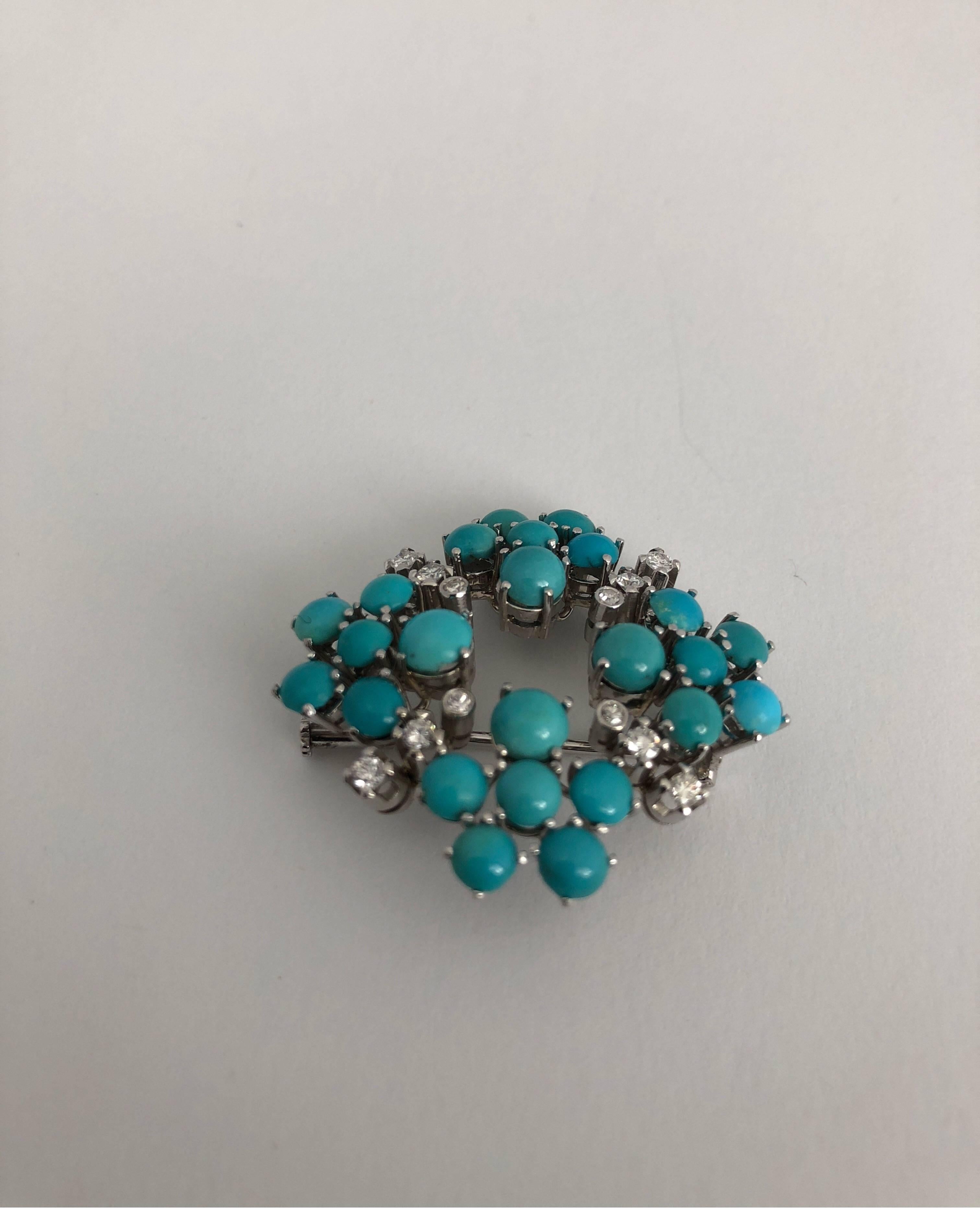 White 18 Karat Gold Brooch with White Diamonds and Turquoise In New Condition In Milano, Lombardia