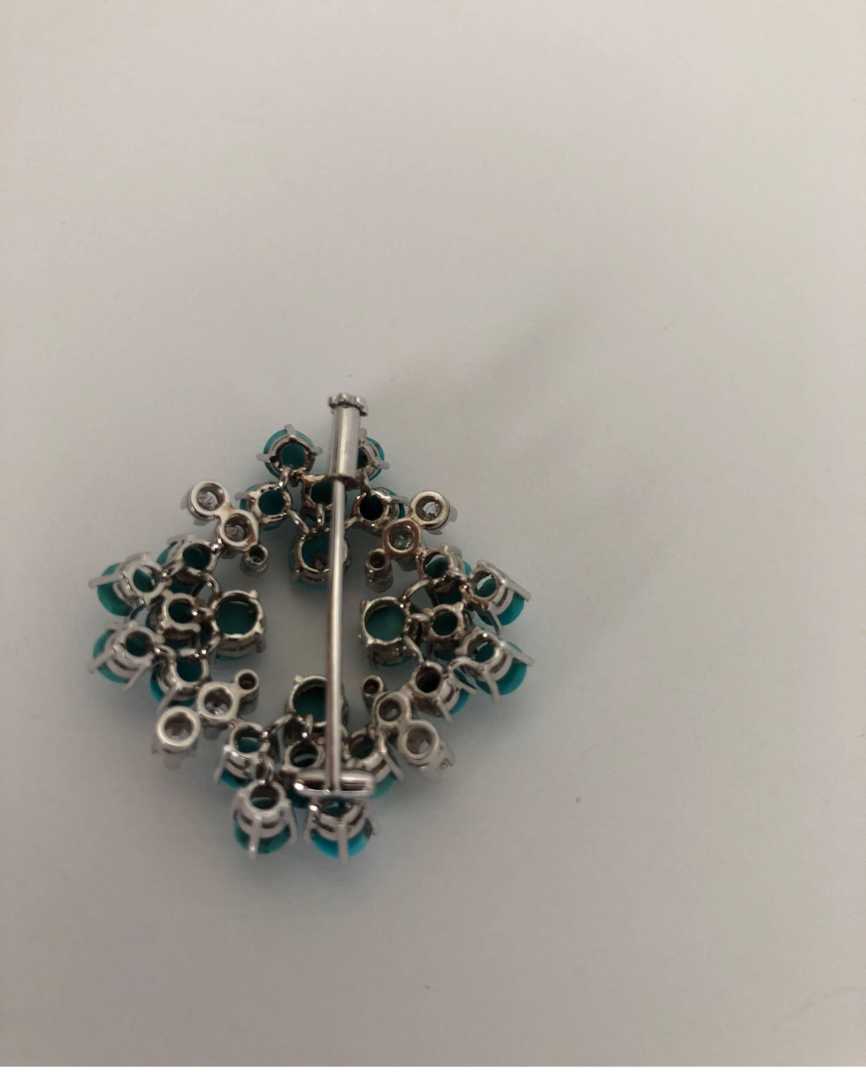White 18 Karat Gold Brooch with White Diamonds and Turquoise 1