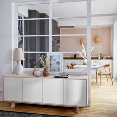 French handcrafted white 4-Door Low Wooden Sideboard, by Eric Gizard - Paris