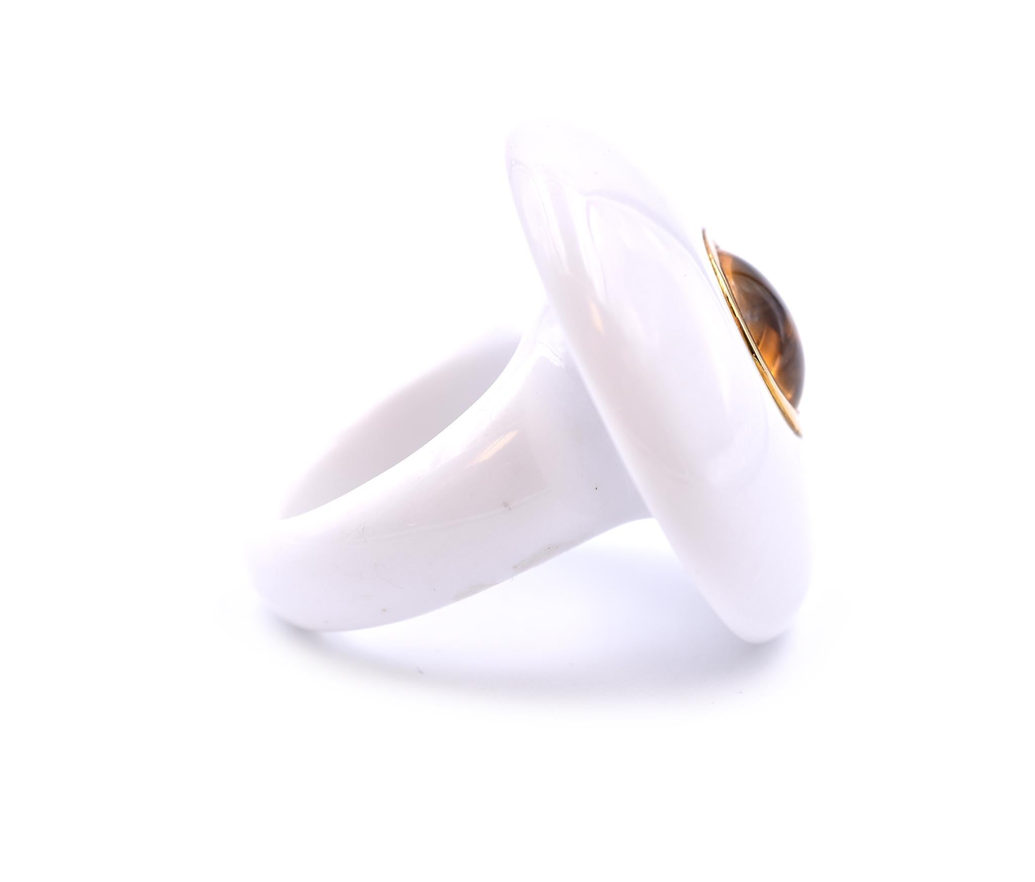 Designer: custom design
Material: white agate & 18k yellow gold
Ring Size: 7 ½ 
Dimensions: ring top measures 35.34mm in diameter
Weight: 24.99 grams