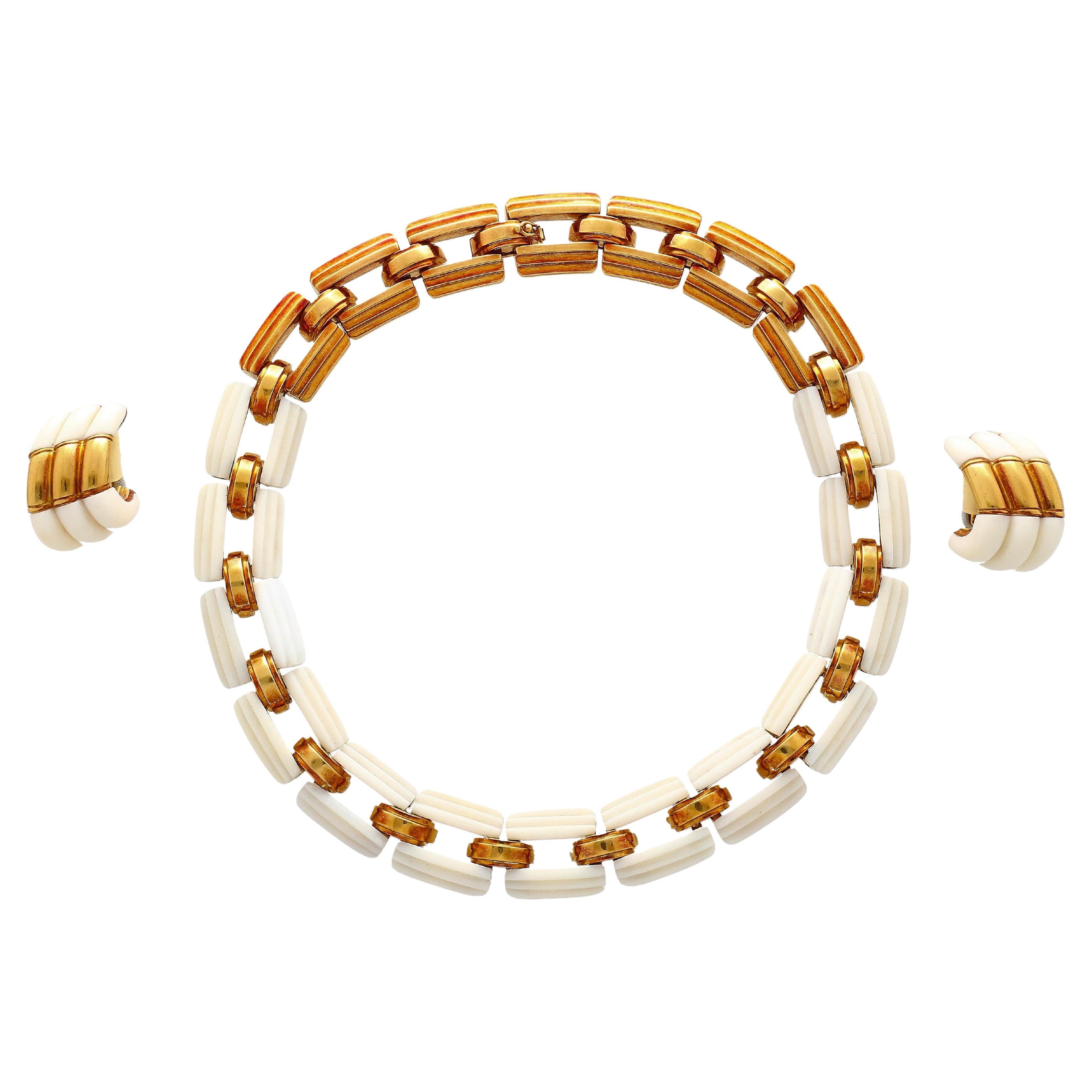 White Agate & 18K Yellow Gold Earring & Link Necklace Jewelry Set