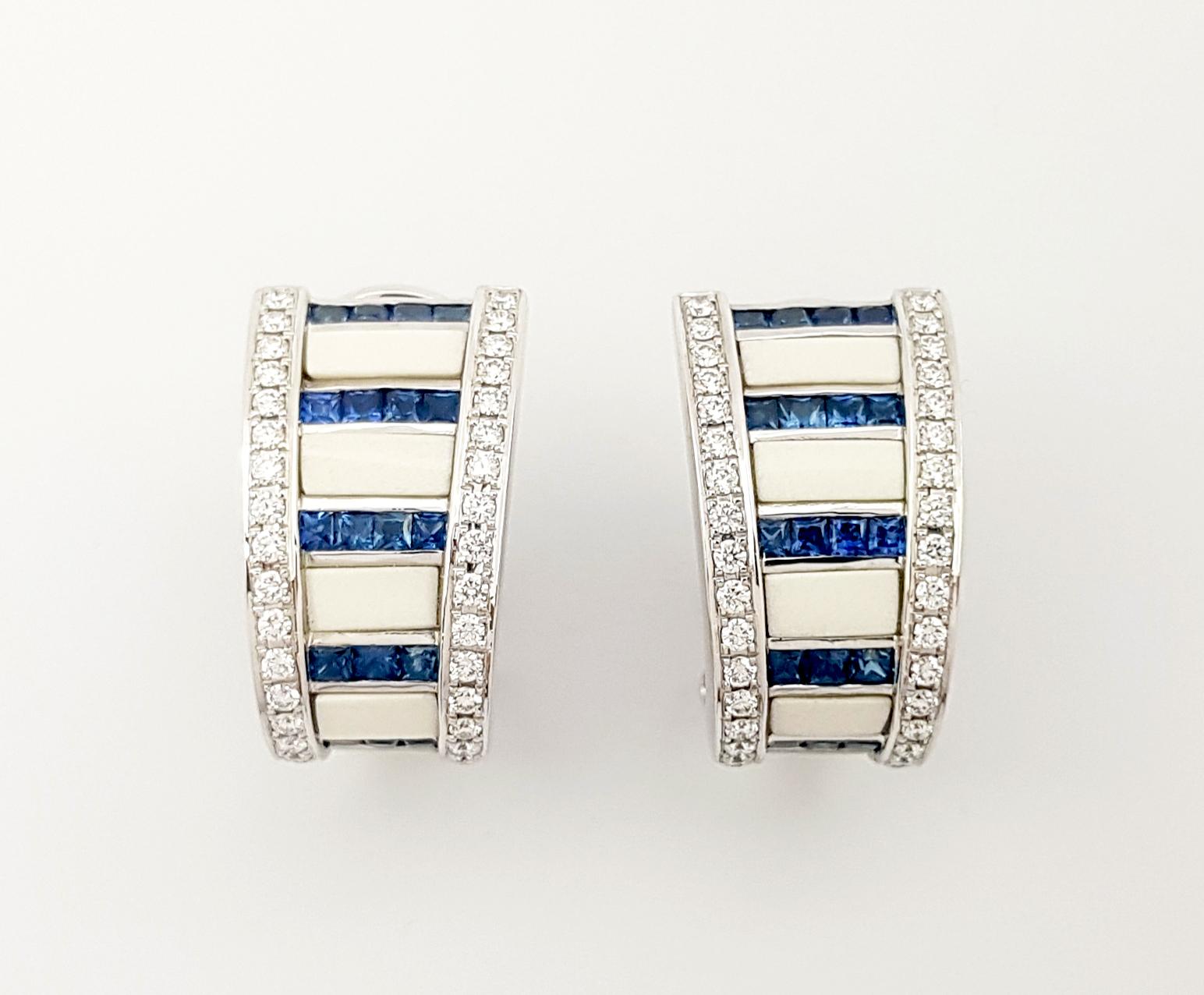 Contemporary White Agate, Blue Sapphire and Diamond Earrings set in 18K White Gold Settings For Sale