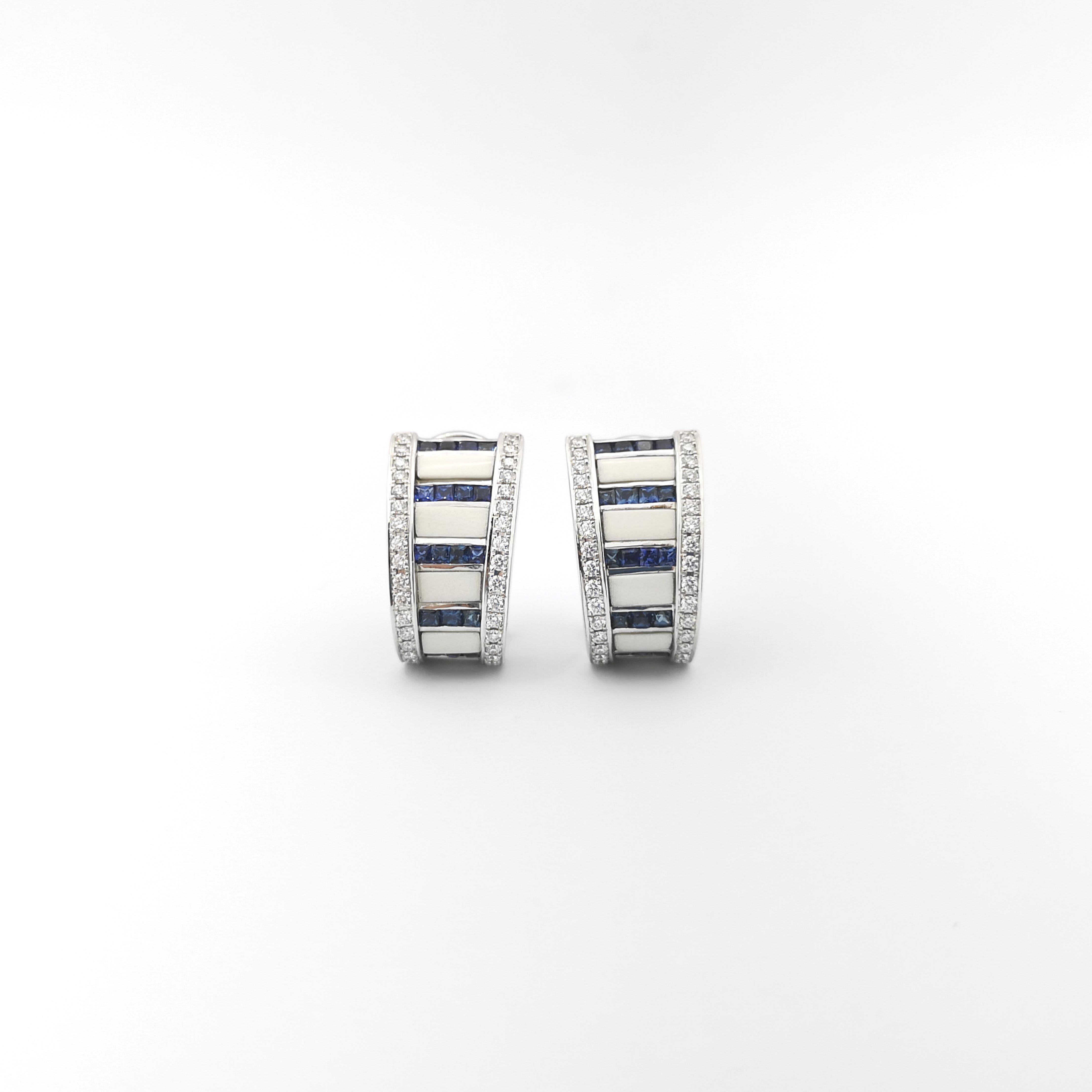Mixed Cut White Agate, Blue Sapphire and Diamond Earrings set in 18K White Gold Settings For Sale