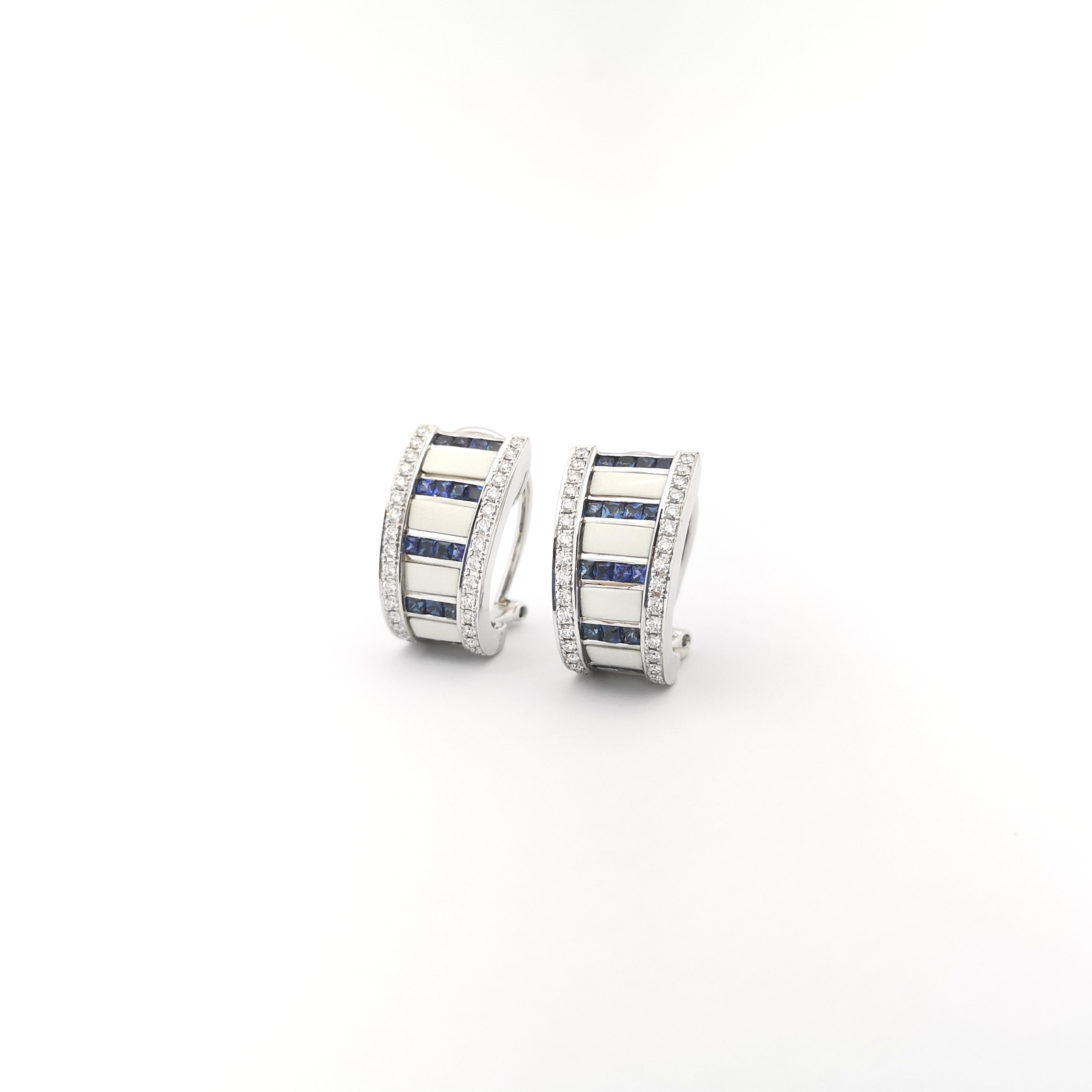White Agate, Blue Sapphire and Diamond Earrings set in 18K White Gold Settings For Sale 1