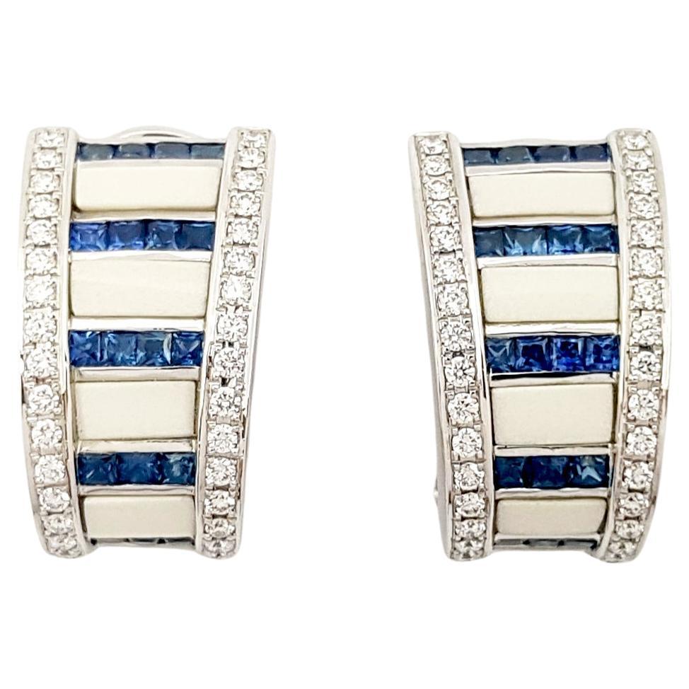 White Agate, Blue Sapphire and Diamond Earrings set in 18K White Gold Settings For Sale