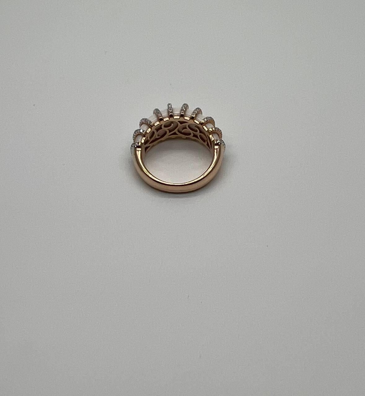 Modern White Agate Cabochon White Diamonds 18 Karat Rose Gold Statement Unique Ring For Sale