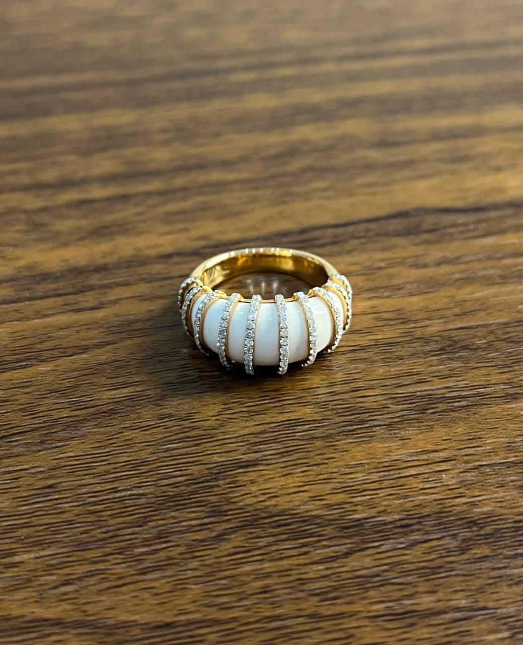 White Agate Cabochon White Diamonds 18 Karat Rose Gold Statement Unique Ring In New Condition For Sale In Oakton, VA