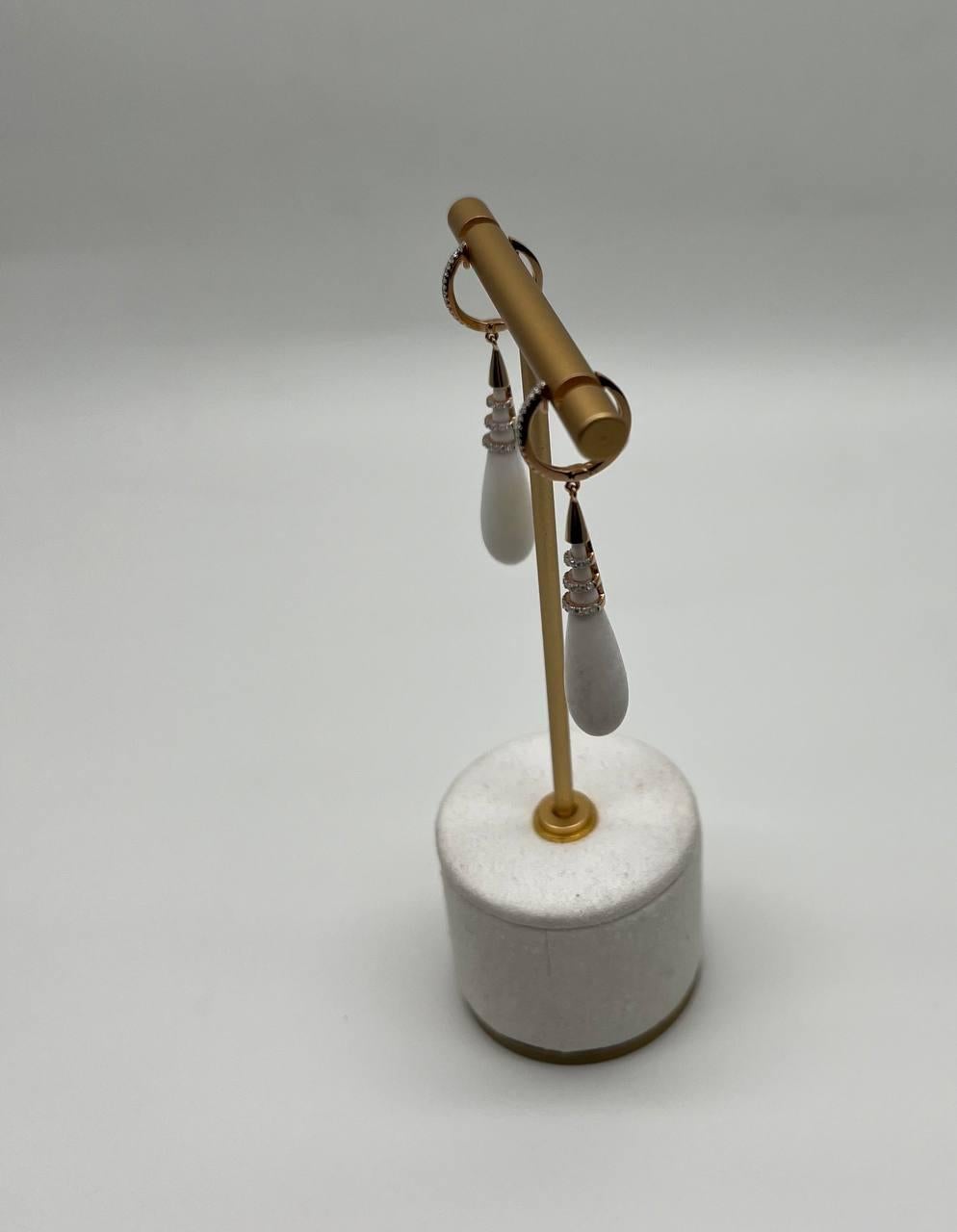 White Agate Cabochon White Diamonds 18 Karat Rose Gold Unique Hug Drop Earrings For Sale 7