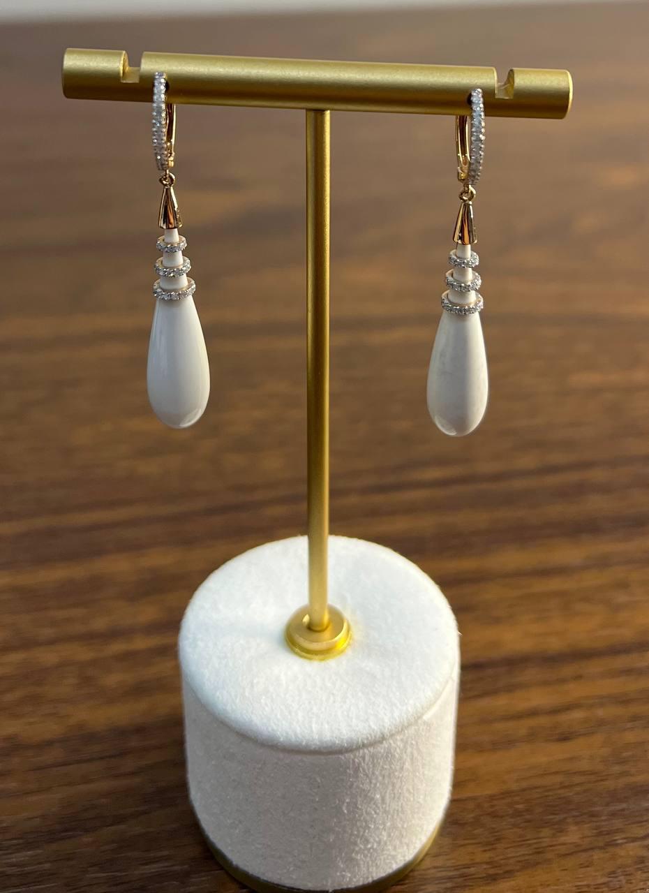 Women's White Agate Cabochon White Diamonds 18 Karat Rose Gold Unique Hug Drop Earrings For Sale