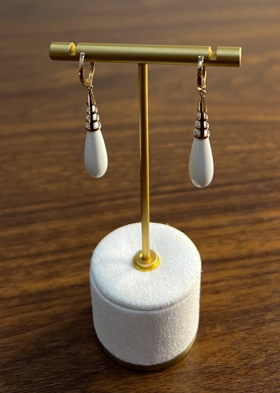 White Agate Cabochon White Diamonds 18 Karat Rose Gold Unique Hug Drop Earrings For Sale 1