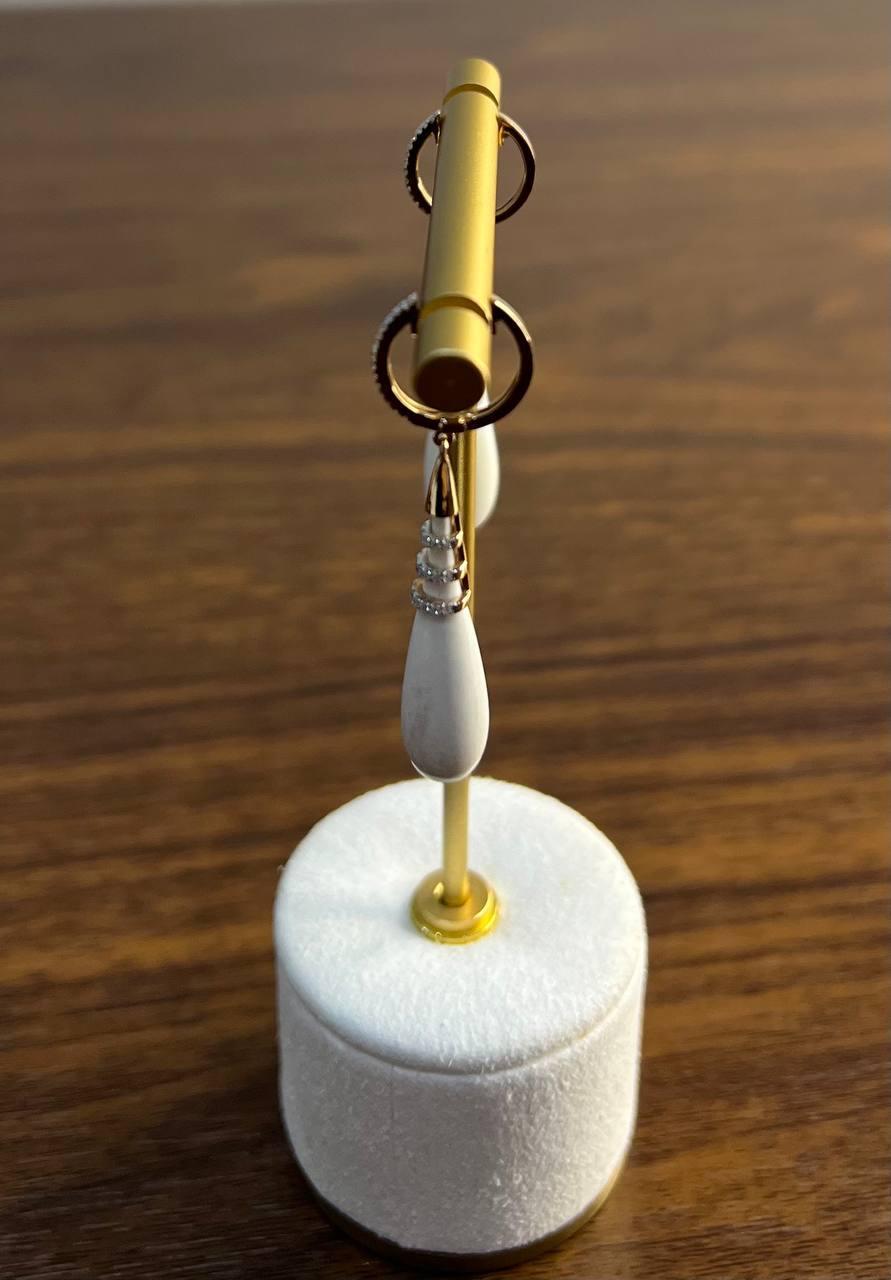 White Agate Cabochon White Diamonds 18 Karat Rose Gold Unique Hug Drop Earrings For Sale 3