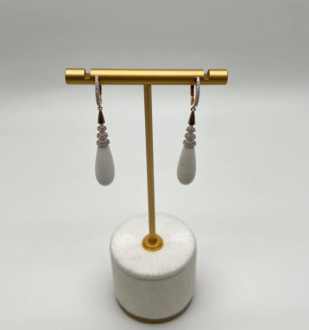White Agate Cabochon White Diamonds 18 Karat Rose Gold Unique Hug Drop Earrings For Sale 4