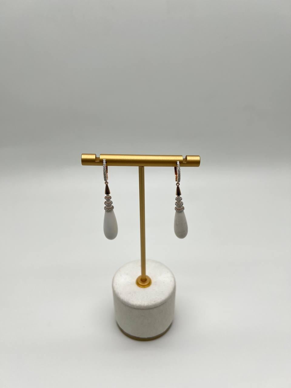 White Agate Cabochon White Diamonds 18 Karat Rose Gold Unique Hug Drop Earrings For Sale 5