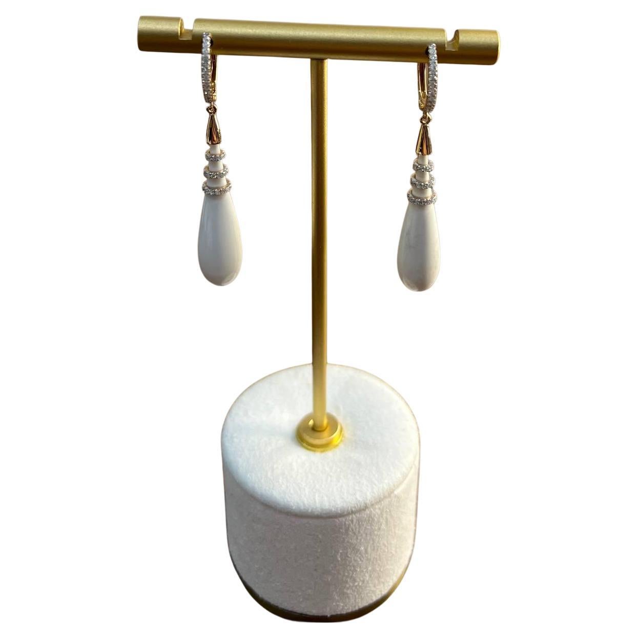 White Agate Cabochon White Diamonds 18 Karat Rose Gold Unique Hug Drop Earrings For Sale