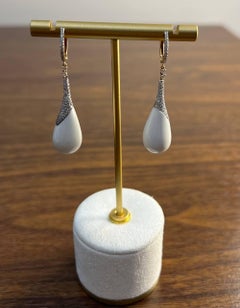 White Agate Cabochon White Pave Diamonds 18 Karat Rose Gold Unique Drop Earrings