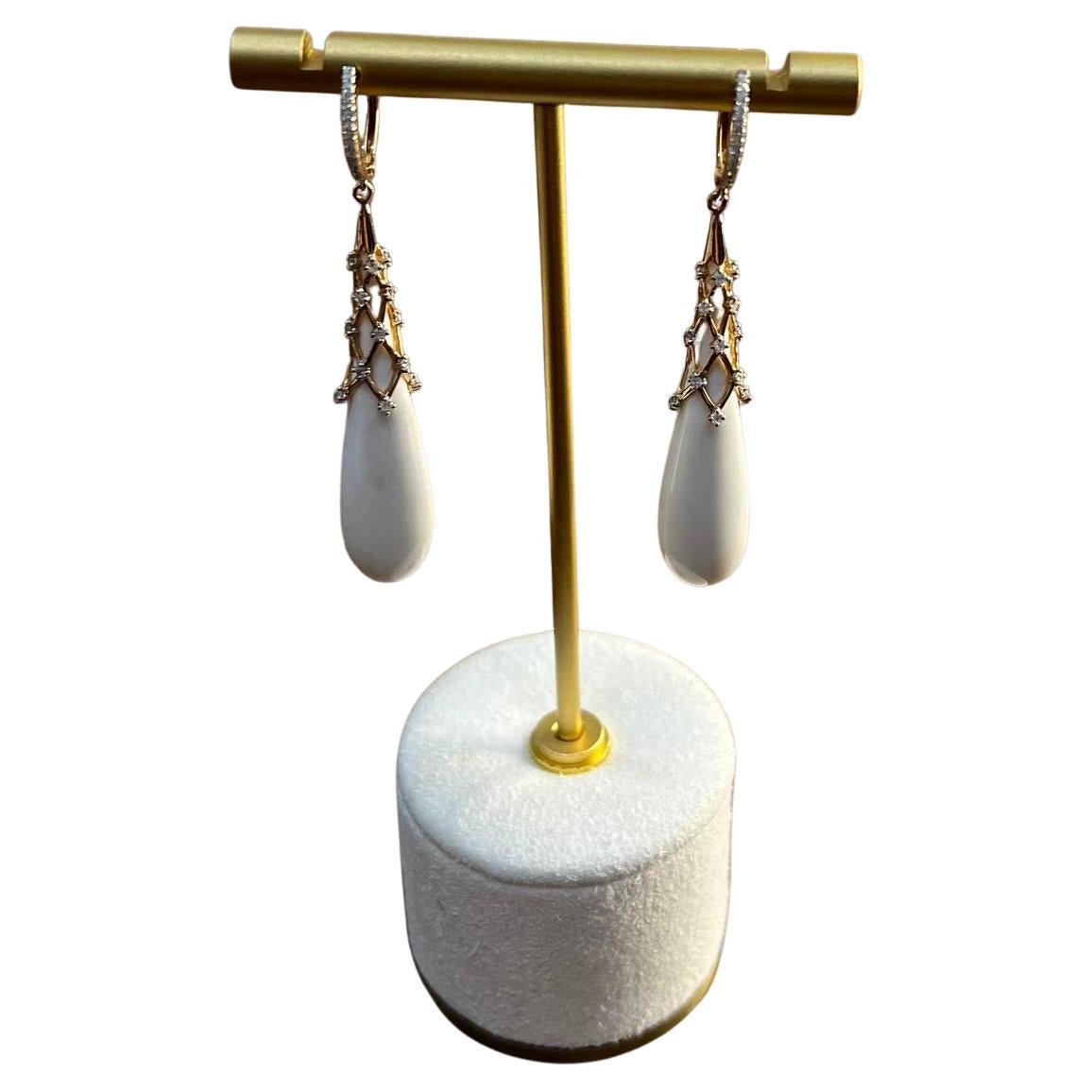 White Agate Cabochon White Pave Diamonds 18 Karat Rose Gold Unique Drop Earrings