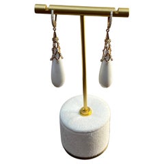 White Agate Cabochon White Pave Diamonds 18 Karat Rose Gold Unique Drop Earrings