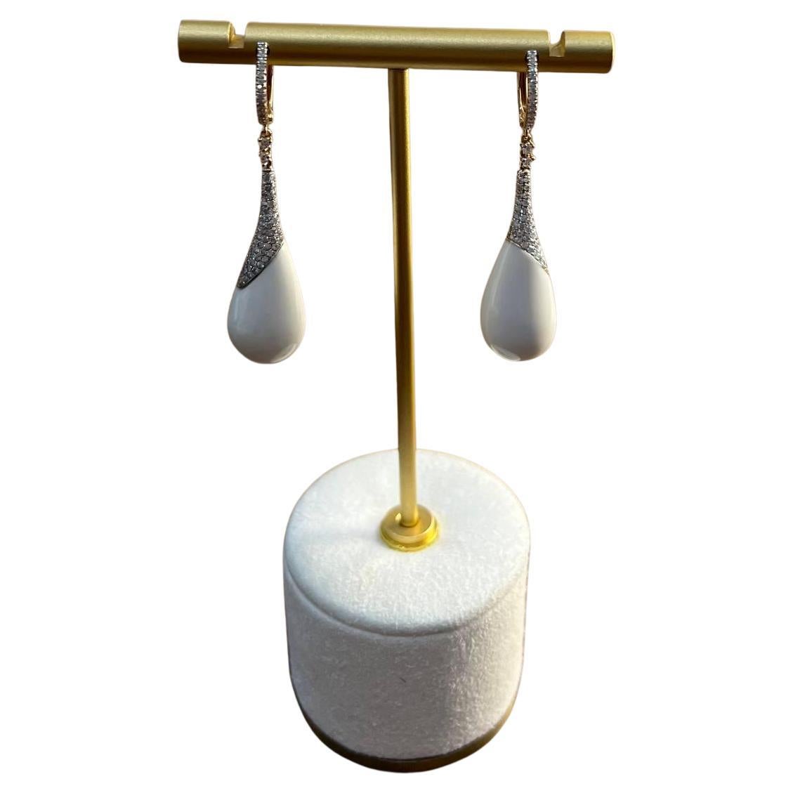 White Agate Cabochon White Pave Diamonds 18 Karat Rose Gold Unique Drop Earrings