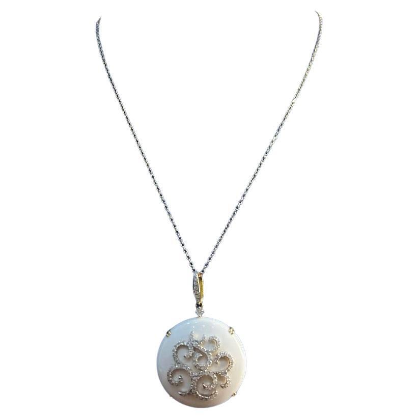 White Agate Diamond 18 Karat Rose Gold Theme Flowers Floral Pendant Necklace