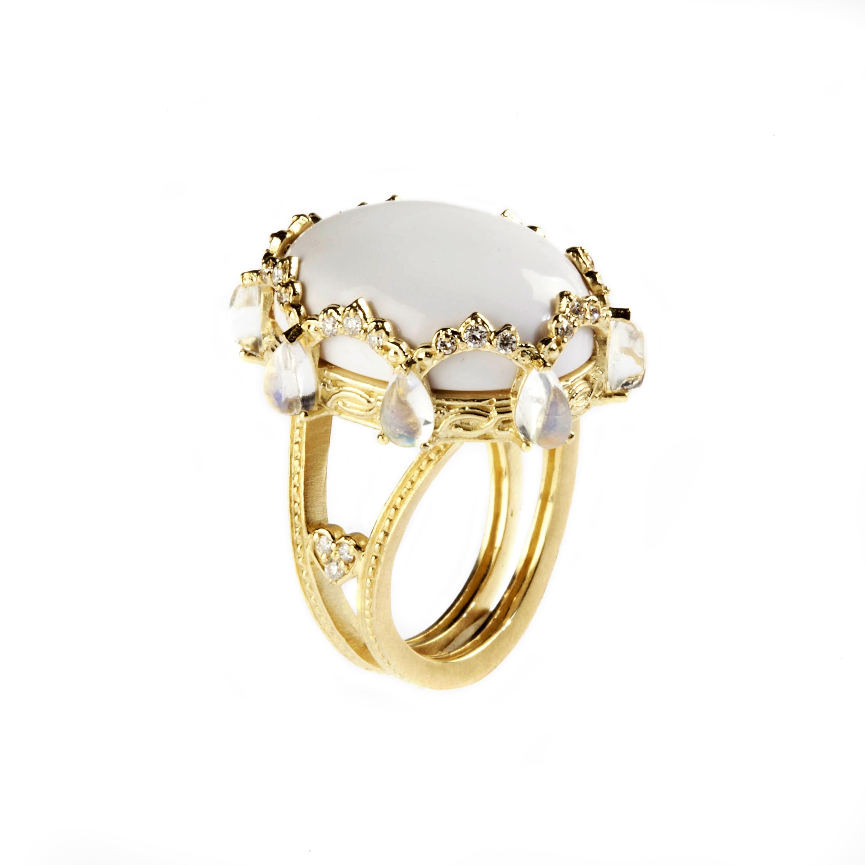 Oval Cut White Agate Diamond Gold Oval Ring with Rainbow Moonstones