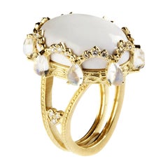 White Agate Diamond Gold Oval Ring with Rainbow Moonstones