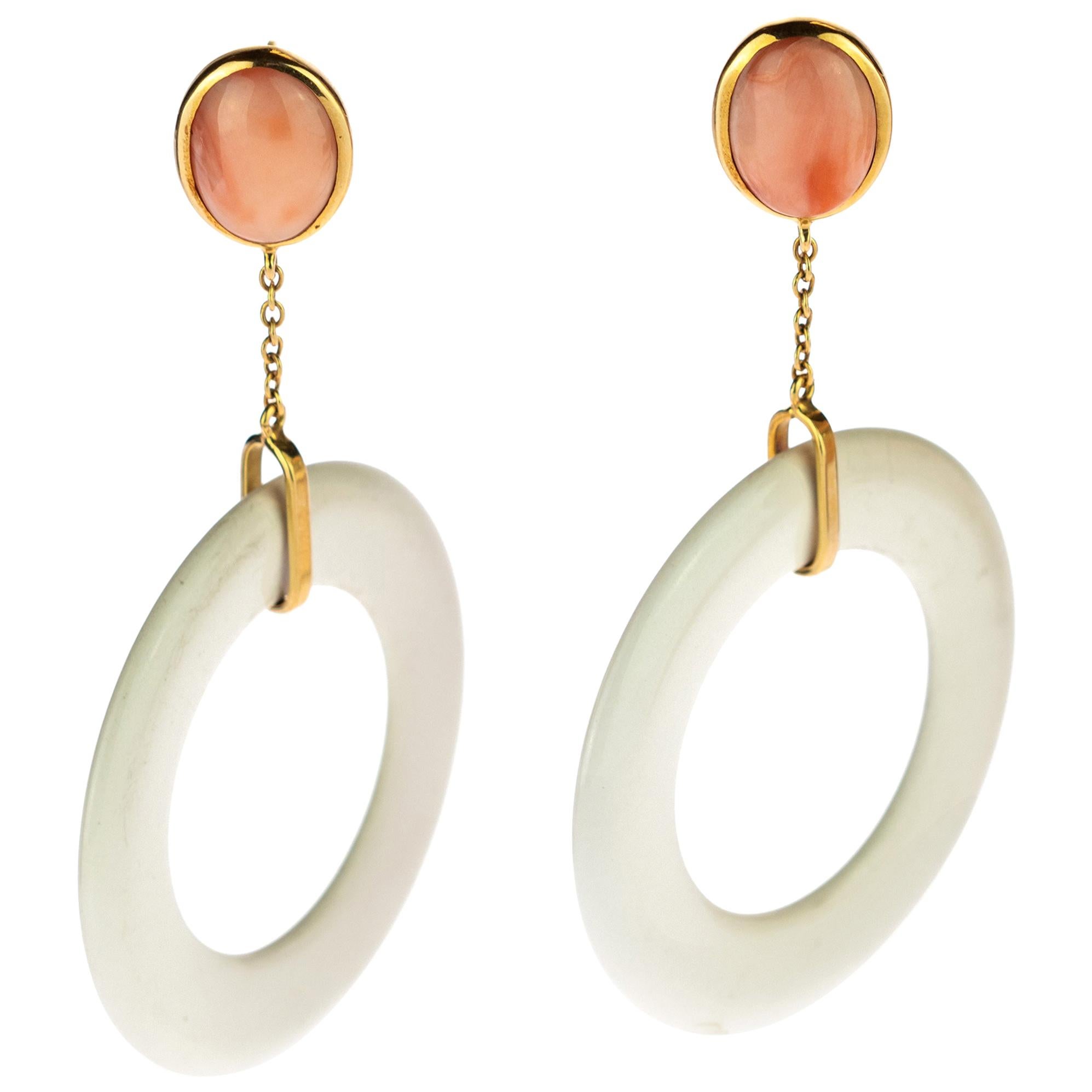 White Agate Donut Oval Pink Coral 18 Karat Yellow Gold Dangle Drop Earrings For Sale