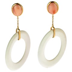 White Agate Donut Oval Pink Coral 18 Karat Yellow Gold Dangle Drop Earrings