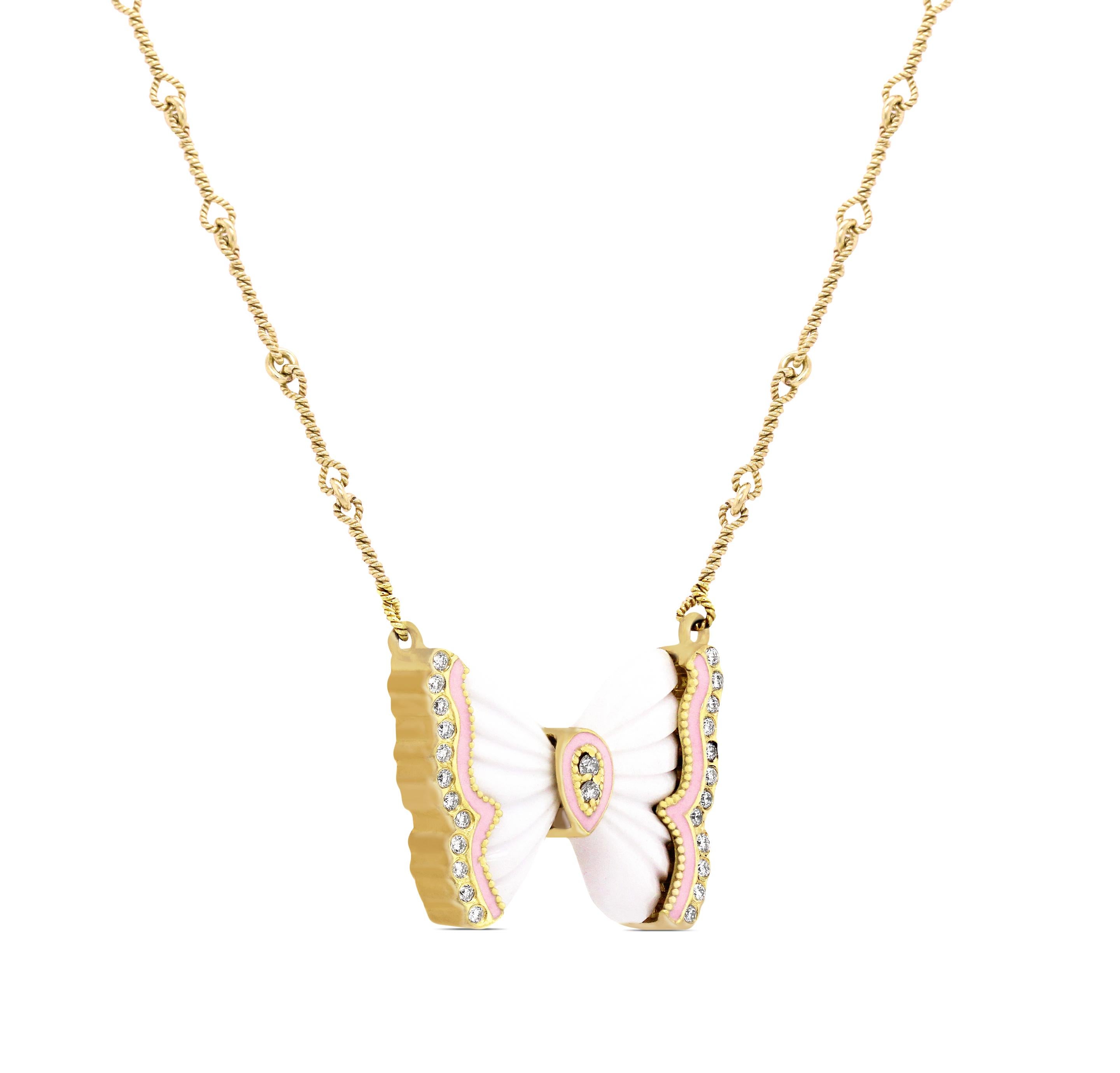 18K Yellow Gold and Diamond Butterfly Pendant Necklace with White Agate and Pink Enamel by Stambolian

This butterfly is from the 2020 Spring Stambolian collection and features two special cut White Agates framed with pink enamel and