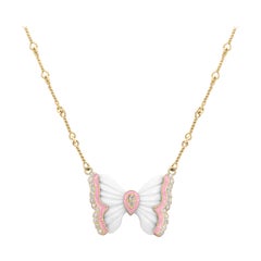 White Agate Gold and Diamond Butterfly Pendant Necklace Pink Enamel Stambolian