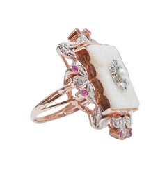 White Agate, Pearl, Rubies, Diamonds, Rose Gold and Silver Ring.
